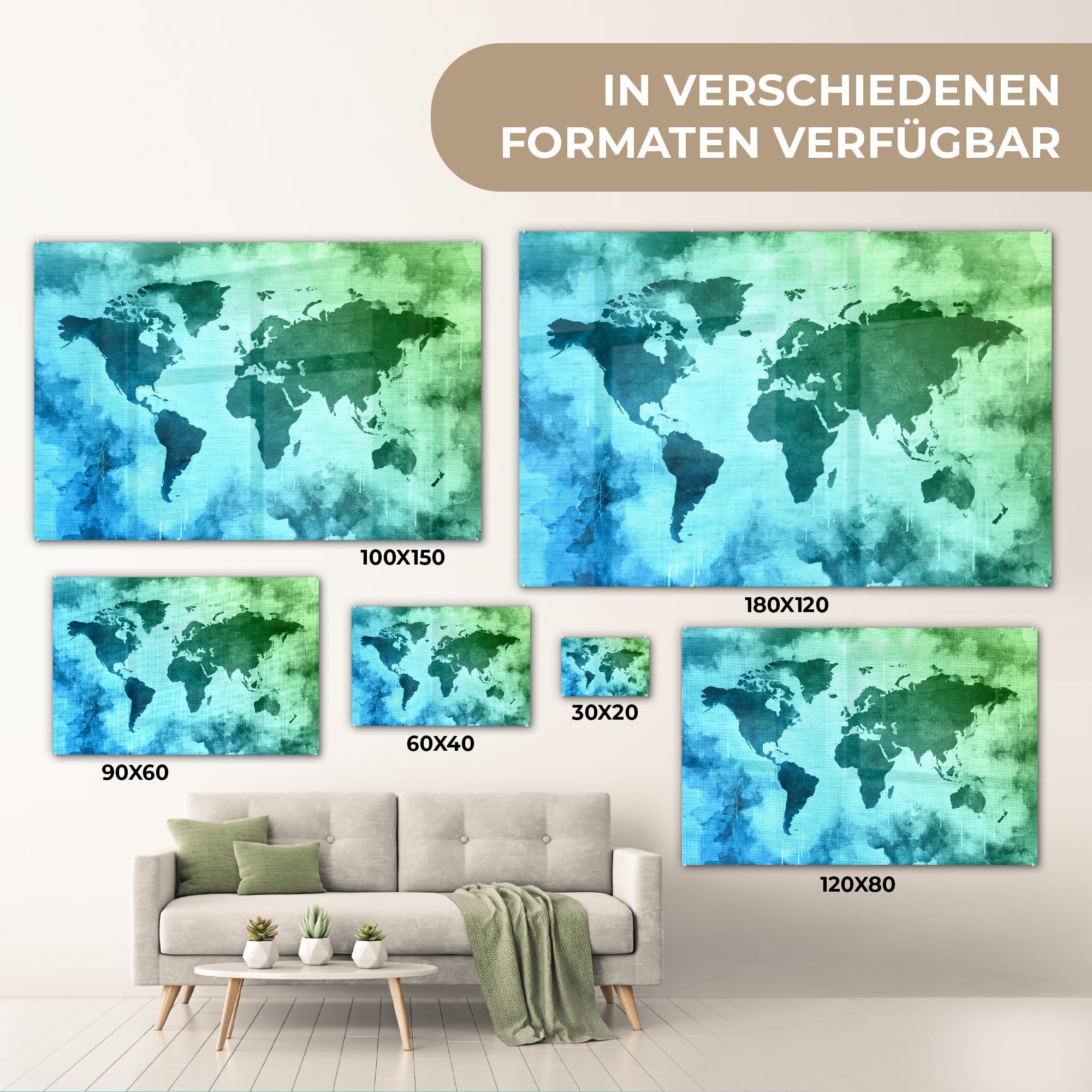 MuchoWow Acrylglasbild Weltkarte - (1 - Wanddekoration auf auf Blau Glas - Wandbild Glasbilder Foto St), Bilder Glas - Grün, 
