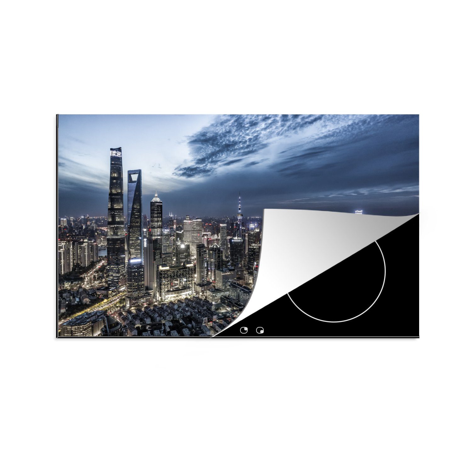MuchoWow Herdblende-/Abdeckplatte Skyline des Finanzdistrikts von Shanghai, Vinyl, (1 tlg), 81x52 cm, Induktionskochfeld Schutz für die küche, Ceranfeldabdeckung