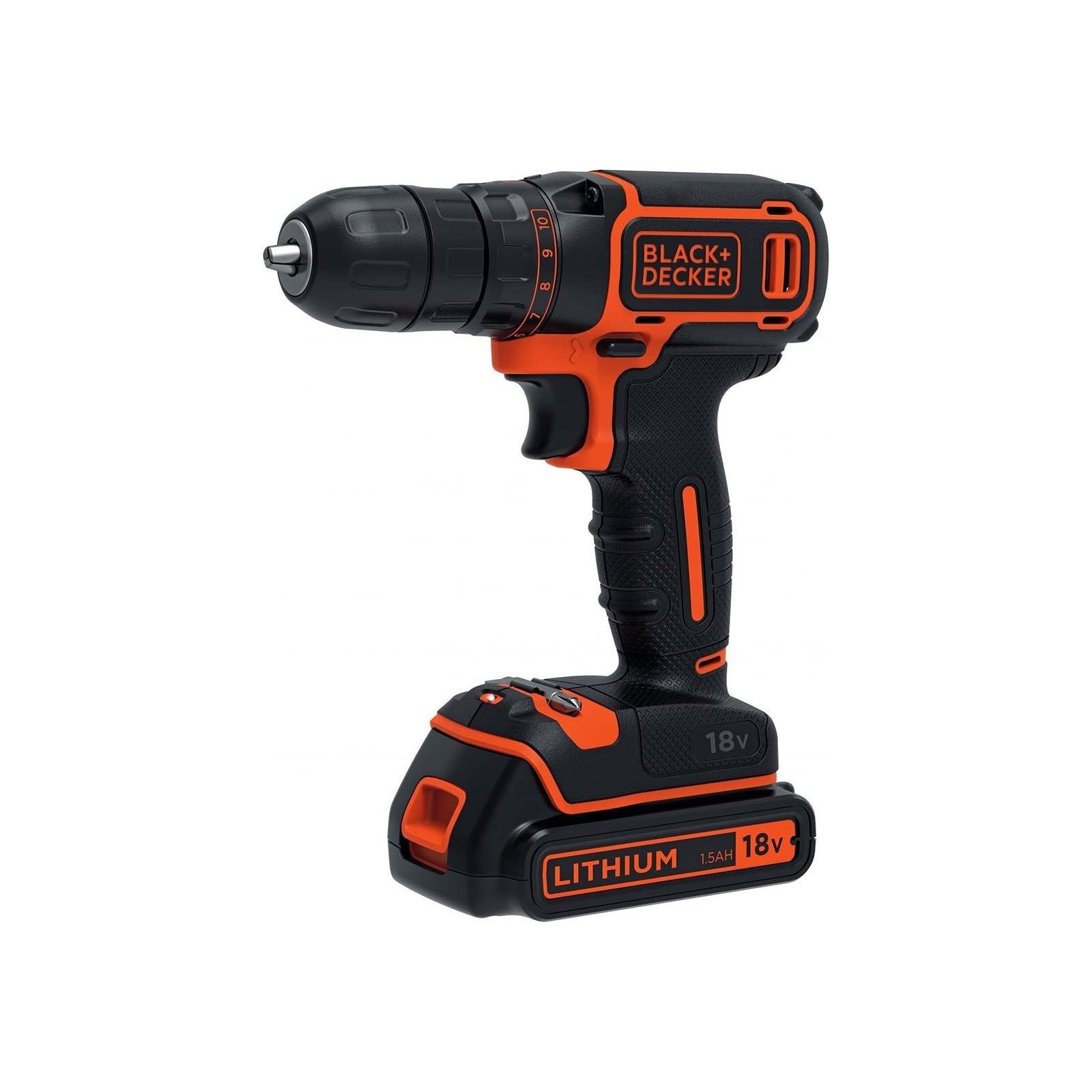 Black + Decker Bohrmaschine BDC718AS2O-QW 18V AKKU SCHRAUBER, Lithium-Technologie, 10-fach Drehmomentsteuerung, Kompakt