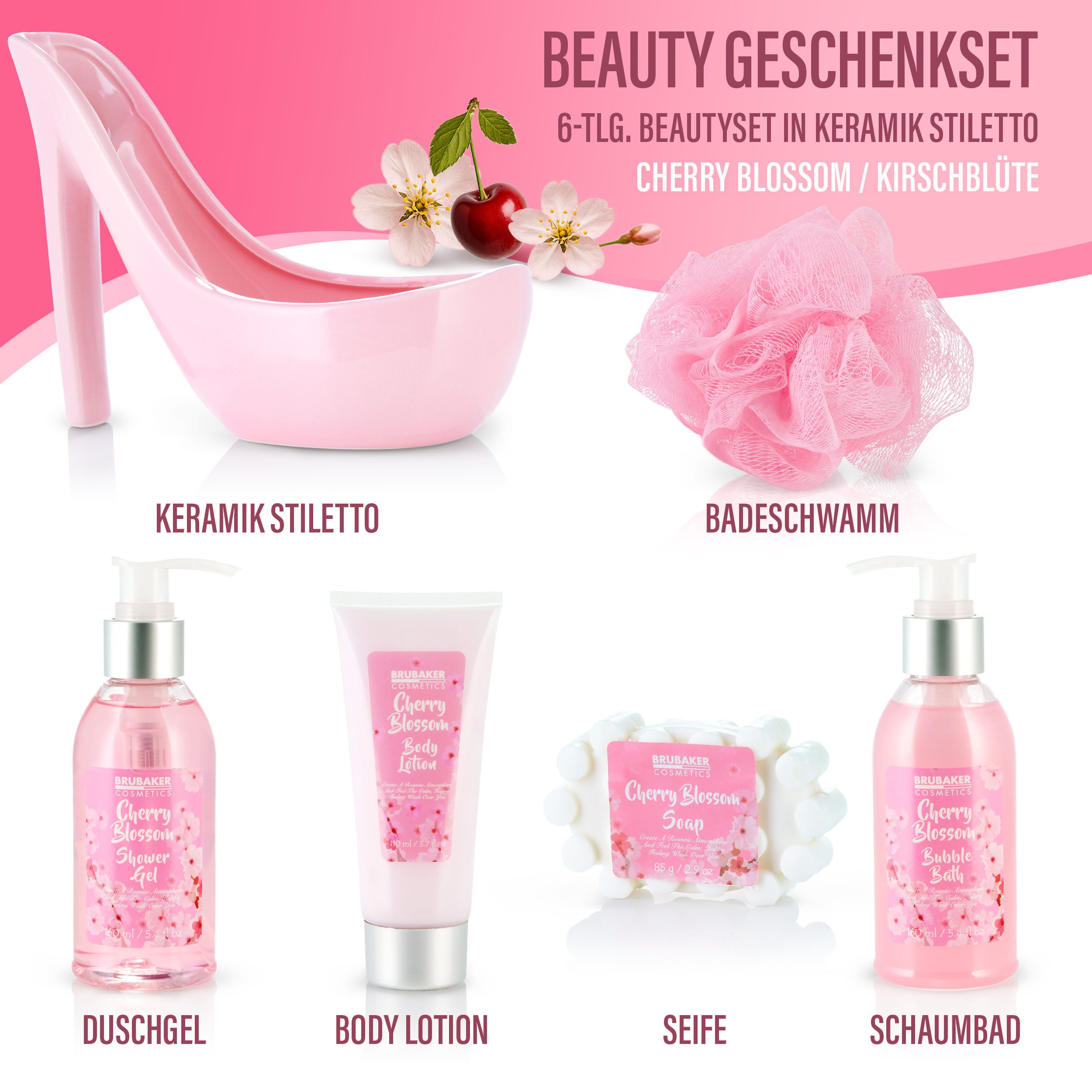 BRUBAKER Pflege-Geschenkset Bade- und Dusch Set für Frauen, Damen Pflegeset Wellness, 6-tlg., Luxus Geschenkset in Keramik Stiletto, Badeset mit Kirschblüten Duft