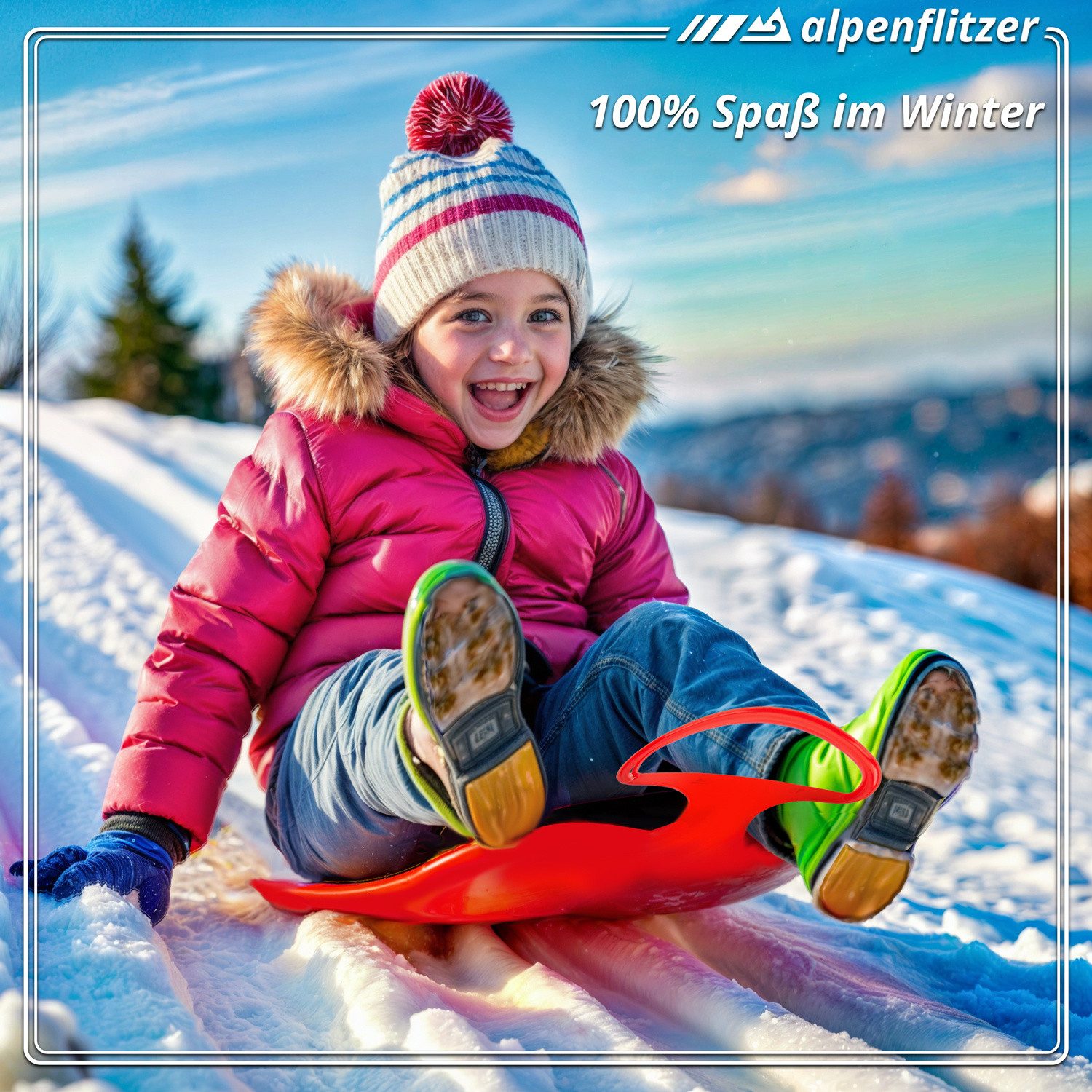 Alpenflitzer Schneerutscher ALPENFLITZER 2er Set Kinder Snow Sled-Poporutscher Schlitten mit Griff (Schlitten mit Griff, Schneerutscher Bob), 2er Set blau & rot