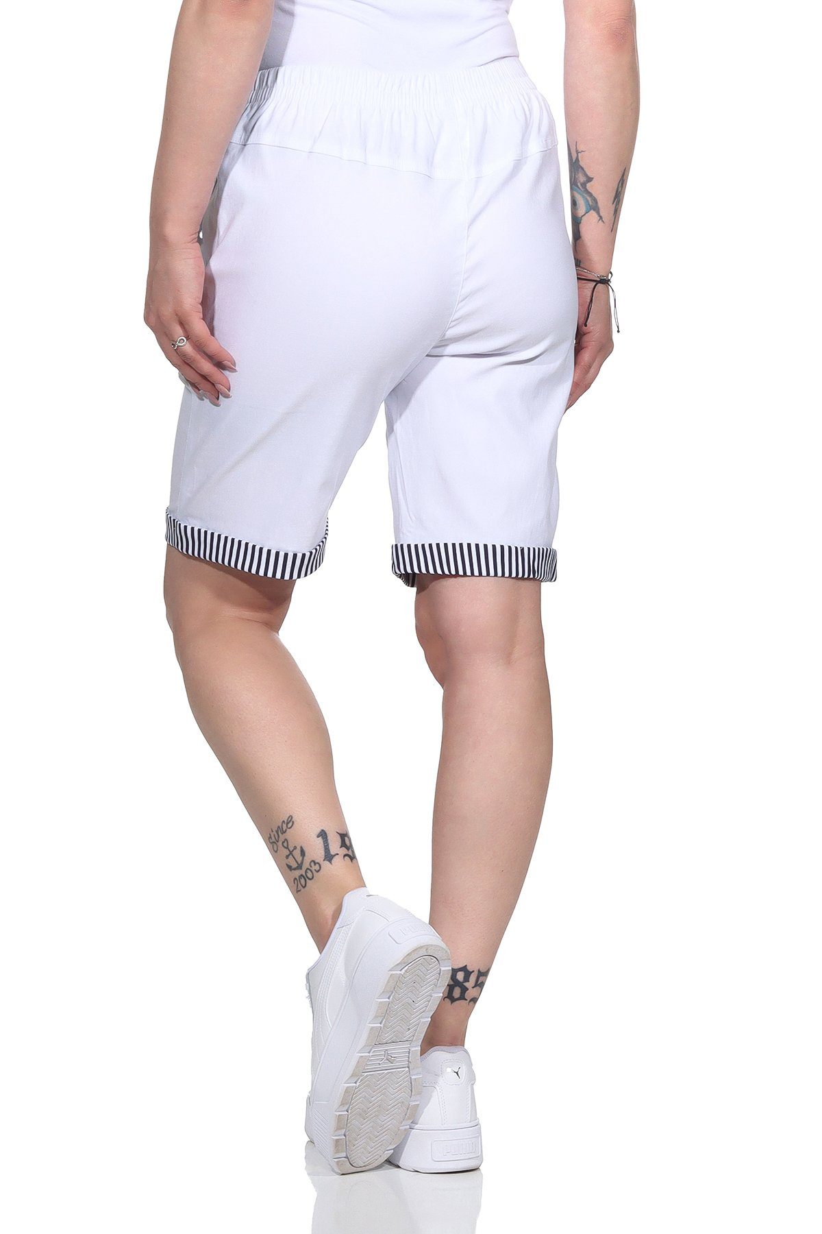 auch Maritime Bund, mit Damen in Bermuda Strandbermuda großen mit Details Sommer erhältlich, Aurela Größen Weiß Shorts maritimen Shorts elastischem Damenmode