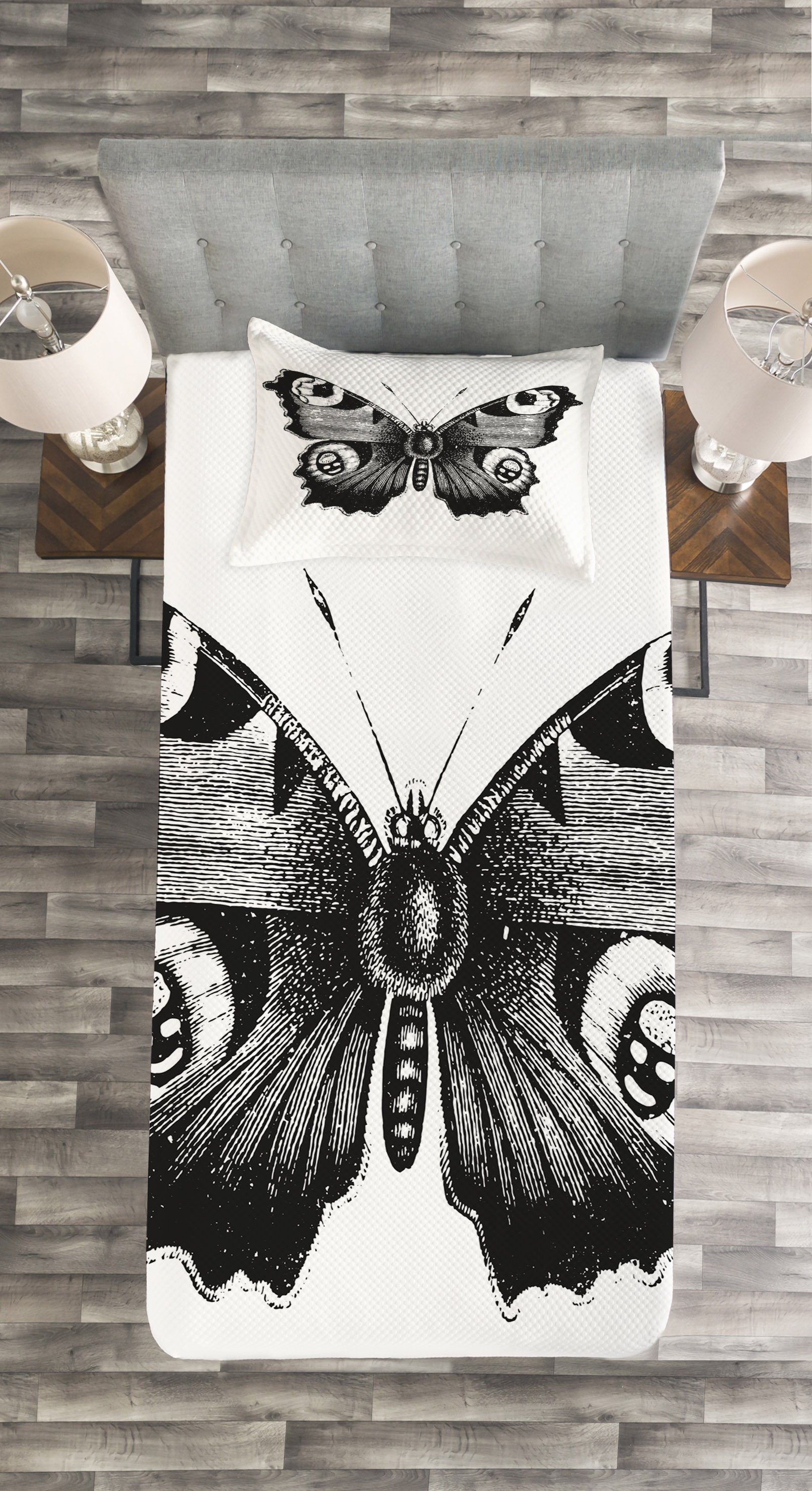Tagesdecke Set Schmetterlings-Kunst Schwarz Abakuhaus, mit weiß und Kissenbezügen Waschbar