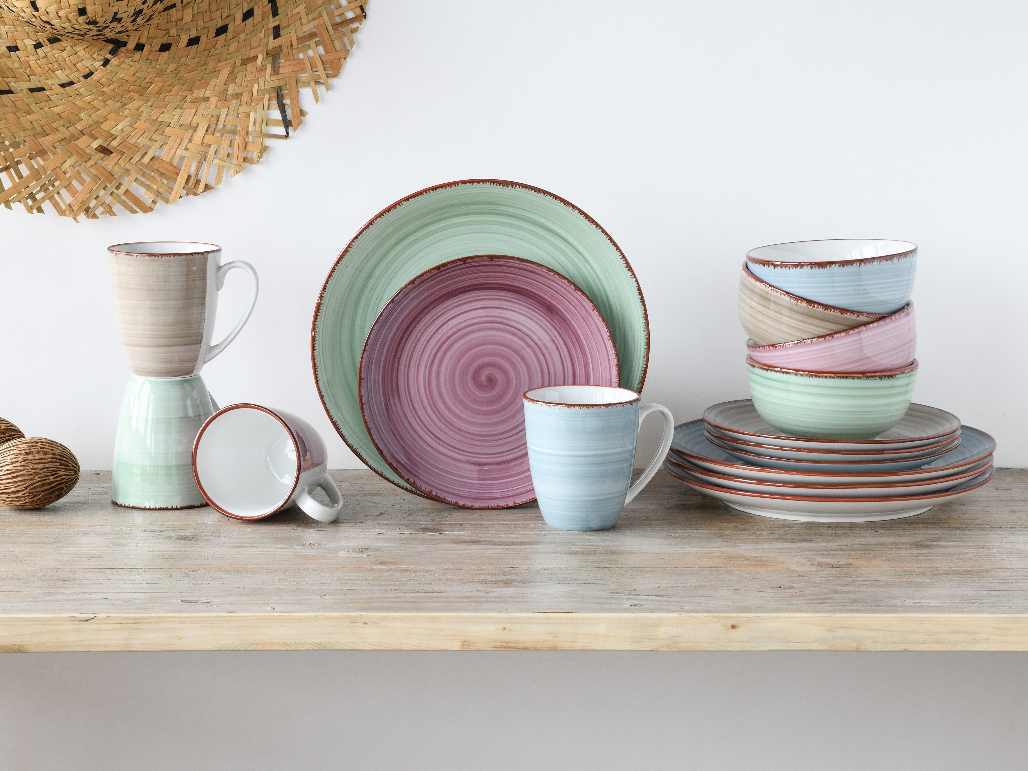 CreaTable Kombiservice Geschirr-Set Samba (16-tlg), 4 Personen, Porzellan, Service, handgemalter Spiraldekor, 16 Teile, für 4 Personen