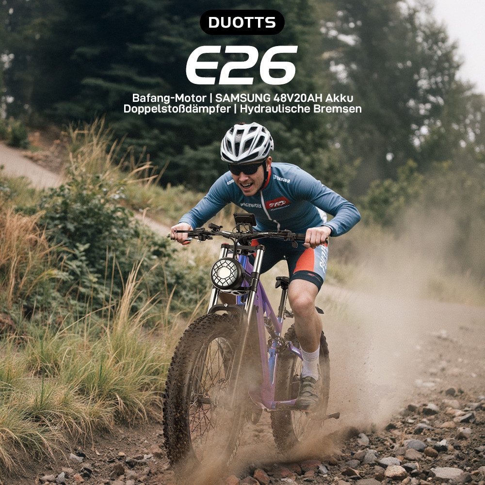 DUOTTS E-Bike Mountainbike Mountainbike E26 mit starkem Motor, 26x4’’ Reifen, 80 Nm, 8 Gang Shimano, Heckmotor, 960 Wh, (mit Akku-Ladegerät), Stillvolles E-Mountainbike Elektrofahrrad für Gelände