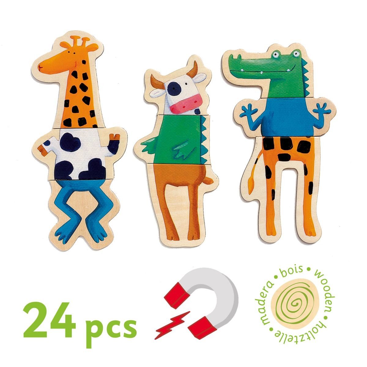 DJECO Holz Magnete verrückte Tierwelt 24 magnetische Holzteile Magnetspielbausteine