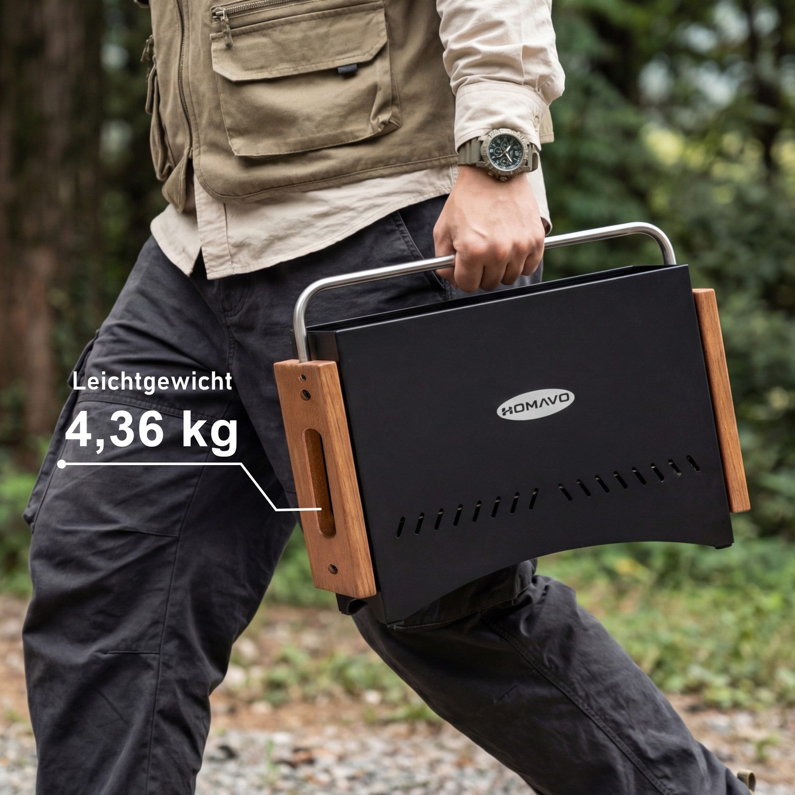 HOMAVO Holzkohlegrill Camping, tragbar & klappbar, Grillfläche: 38,15 × 20,95 cm, Optionales Grillwerkzeugset, für Camping, Picknick und Garten