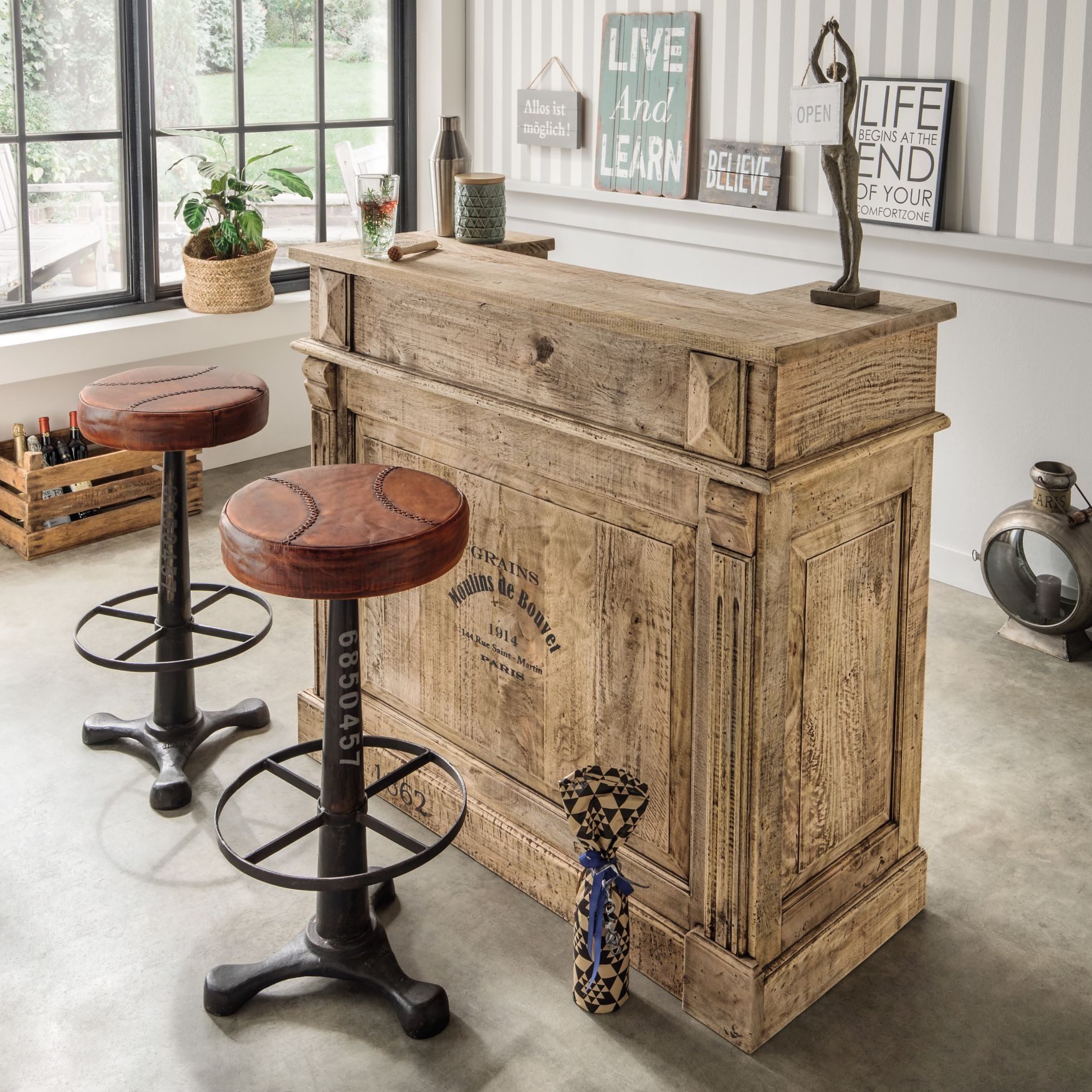 More2Home Barschrank Bar/Ladentheke TASTE-2, recyceltes Mangoholz, mit Beschriftung