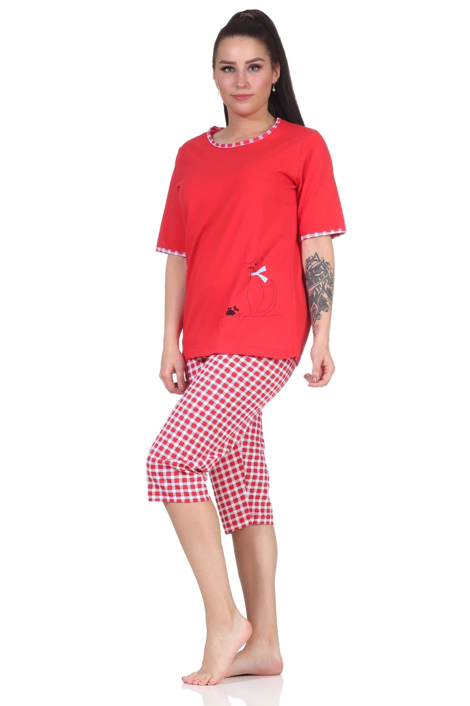 RELAX by Pyjama mit rot Damen süßen Motiv kurzarm Schlafanzug Normann Katzen Capri