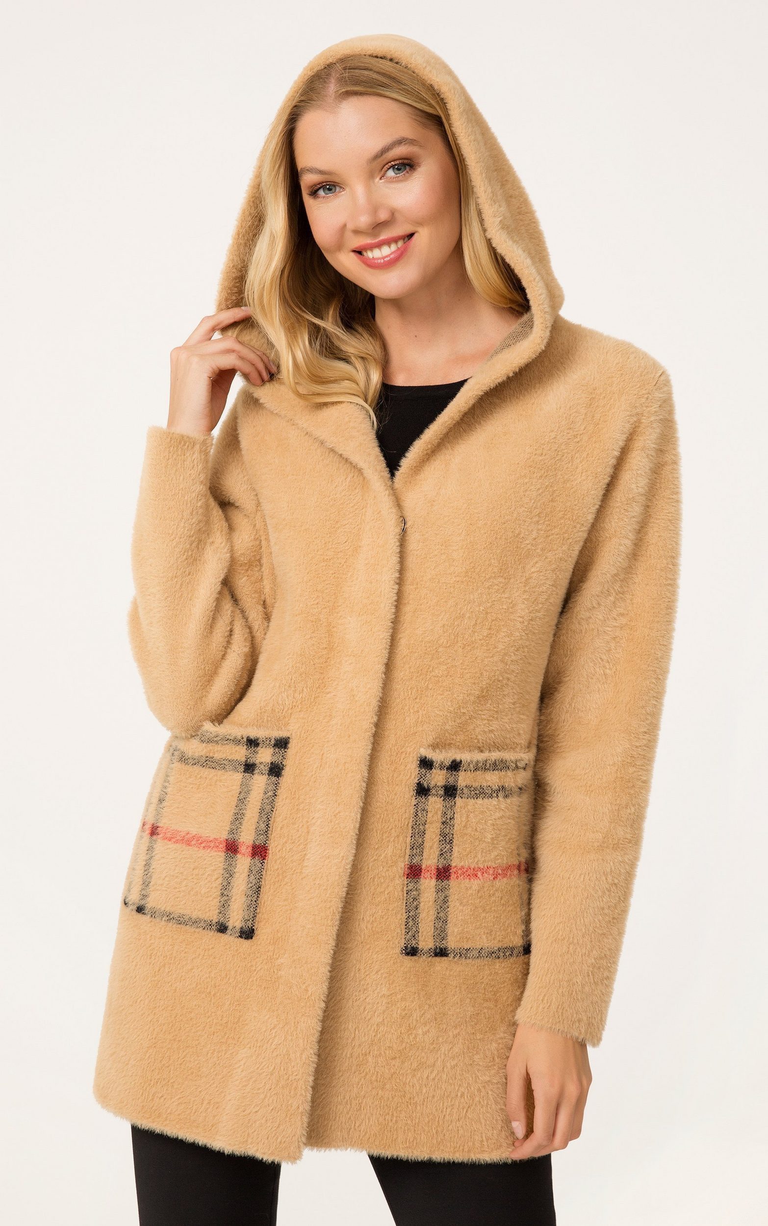 Passioni Wintermantel in beige mit Karomuster-Details günstig online kaufen