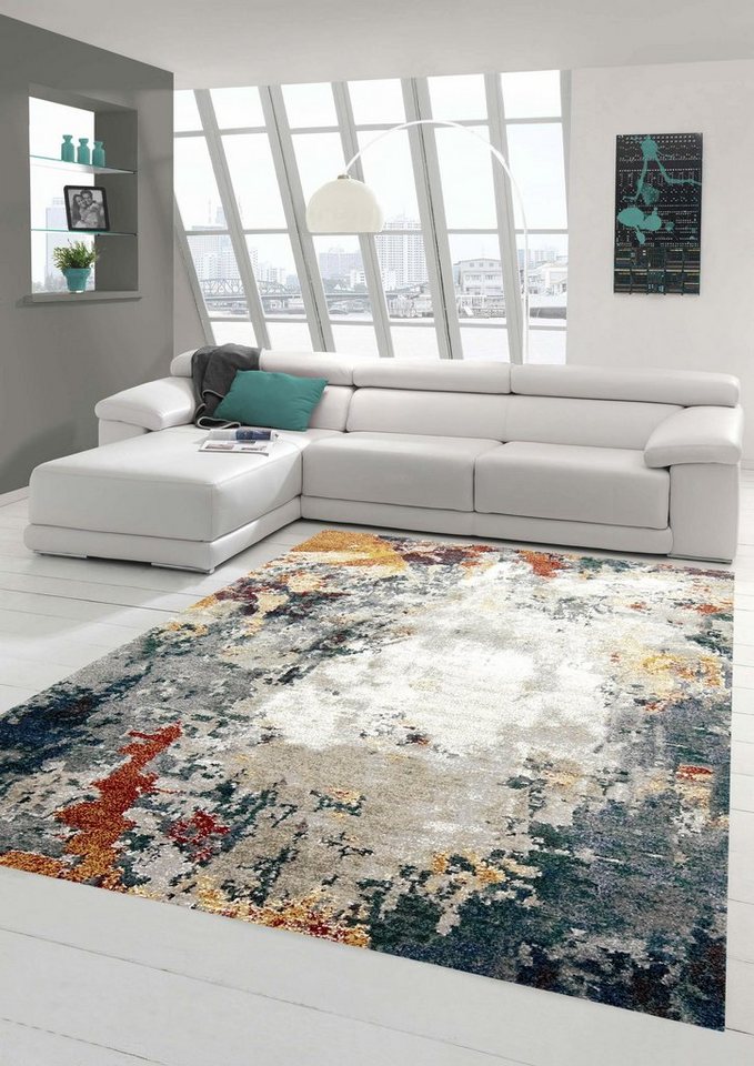 grau Flur abstraktes 13 - Moderner pflegeleicht, Wohnzimmer rot Teppich Höhe: Teppich-Traum, mm Design rechteckig, Teppich blau