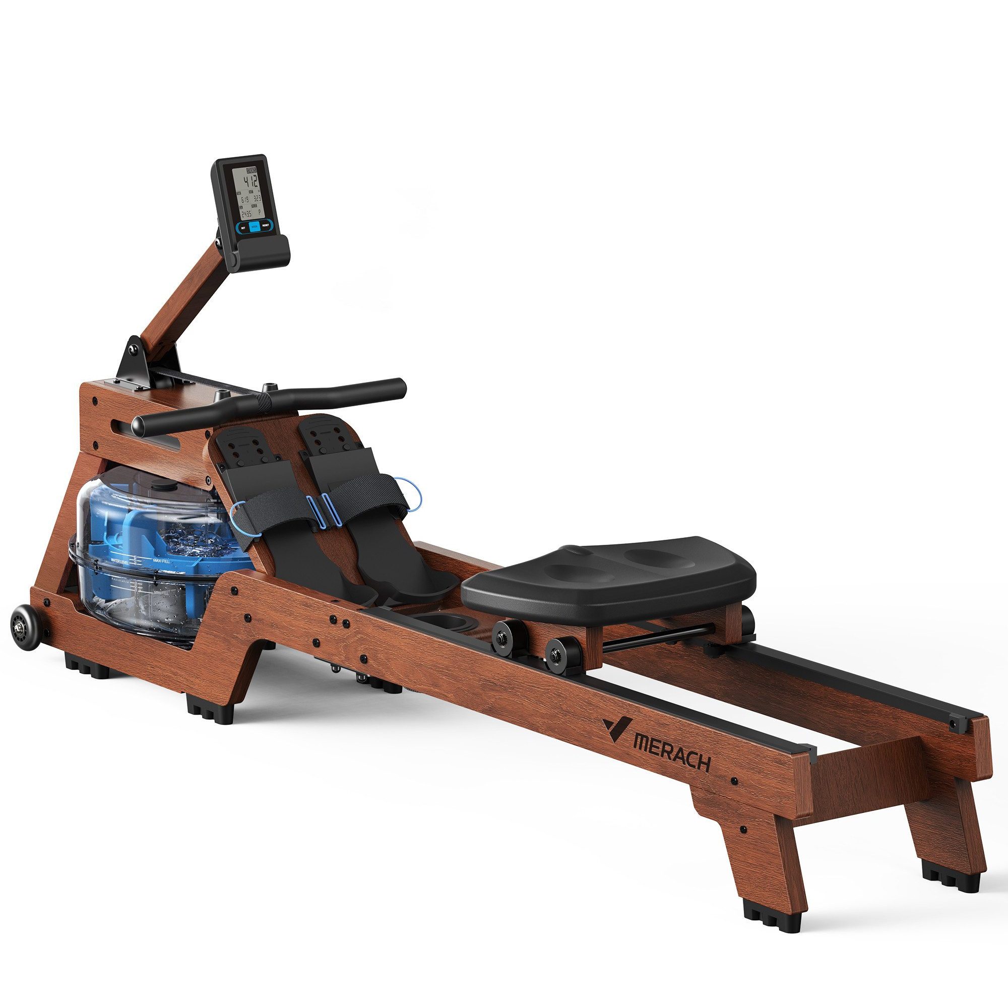 MERACH Rudermaschine Wasser Rudergerät für Zuhause, Bequemer Ergonomischer Stuhl, Professioneller Bluetooth-Monitor mit Tablet-Halterung