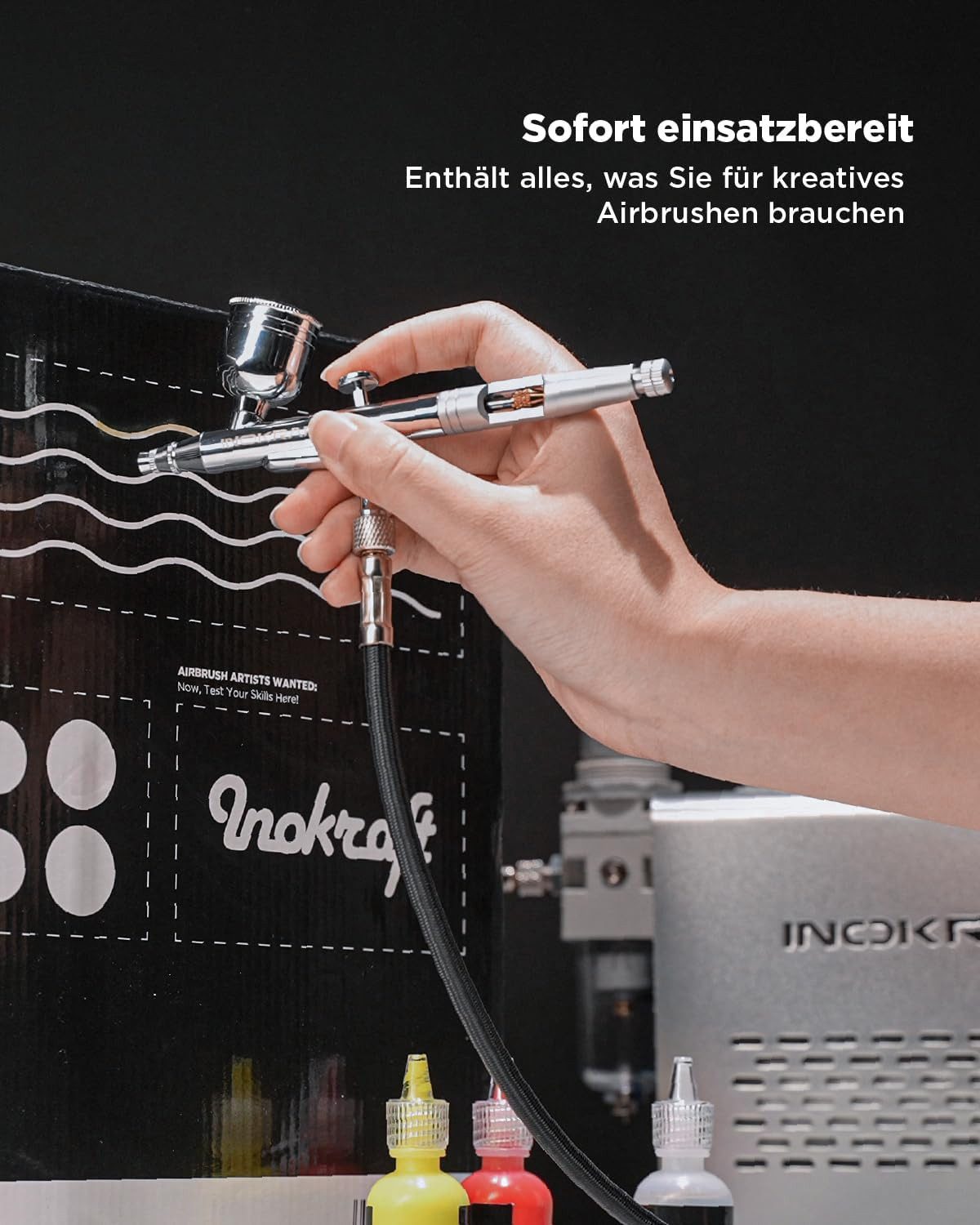 InoKraft Airbrushpistole InoKraft Airbrush-Set mit, max. 34 bar, 22 l/min, Airbrush-Komplettset, Komplettes Airbrush-Starterset für Anfänger und Fortgeschrittene, Leiser 47-dB-Kompressor, 3 Düsen und leichte Reinigung für Einsteiger