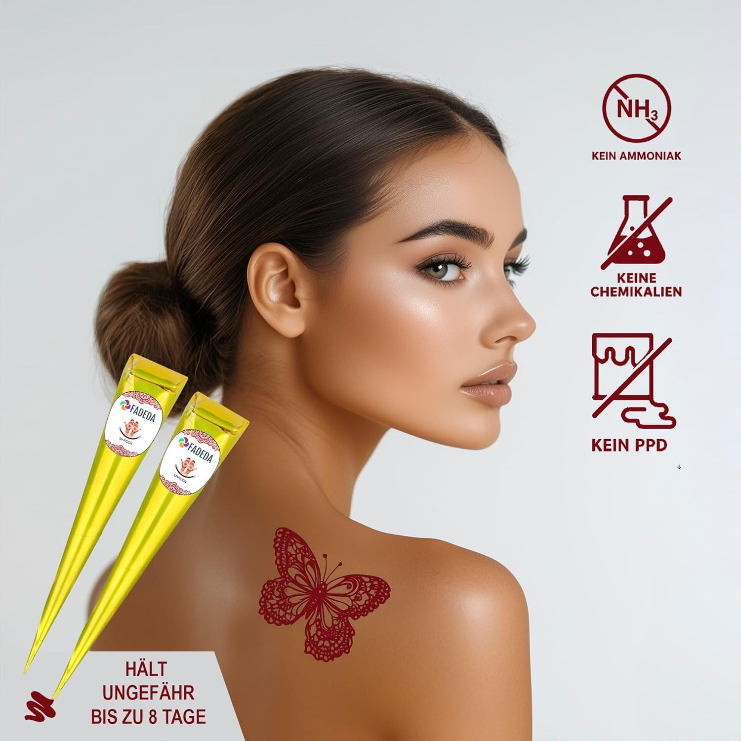 FADEDA Schmuck-Tattoo 12x Henna Kegel je 25g natürliche Paste, 100 % pflanzlich, ohne PPD, 12 Henna Kegel je 25 Gramm, 100 % NATÜRLICHE HENNA-PASTE – Rein pflanzlich, 100% Bio - VEGAN