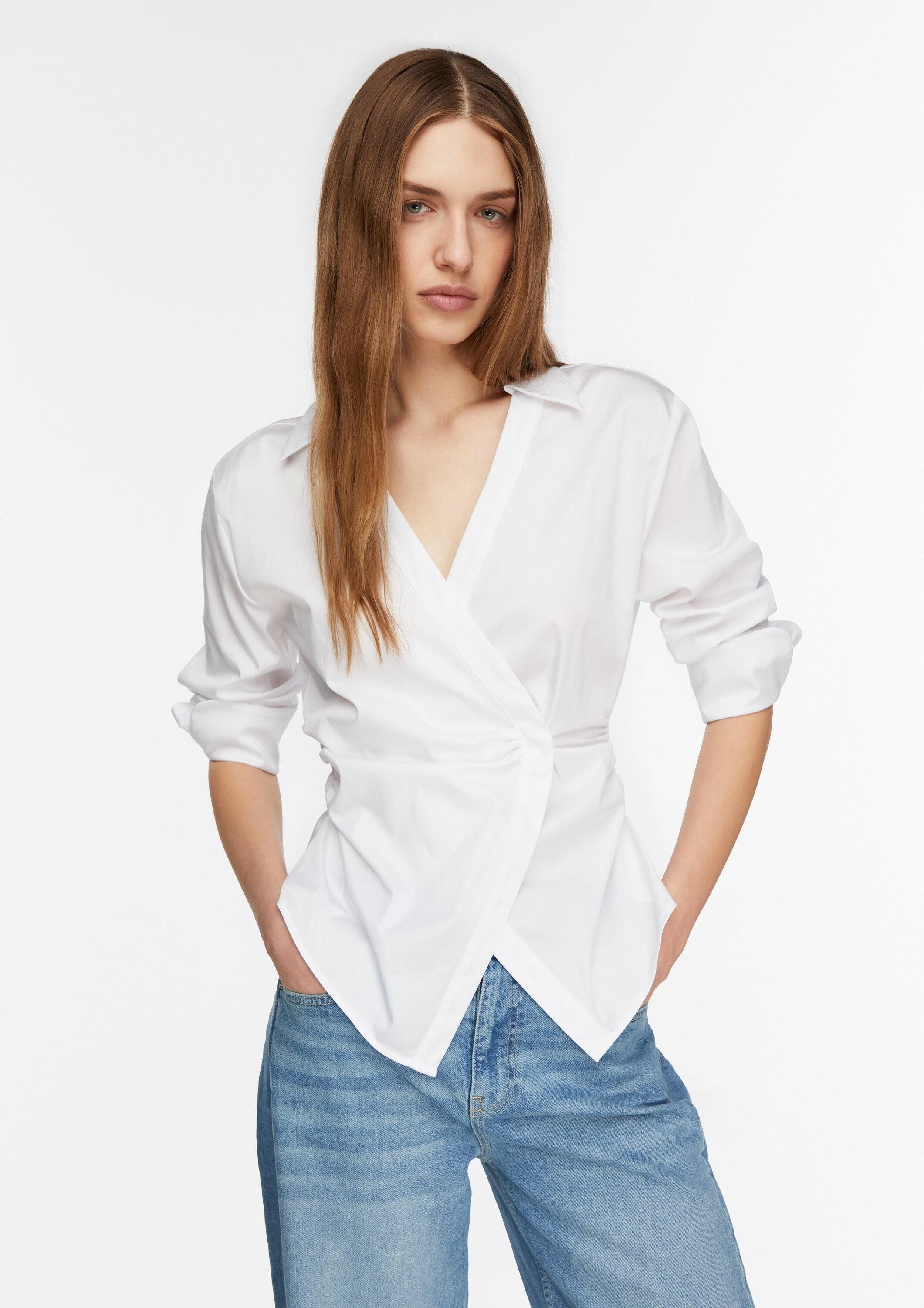 comma Langarmbluse Bluse Feminine Baumwoll-Satin-Stretch-Bluse mit Druckkno günstig online kaufen