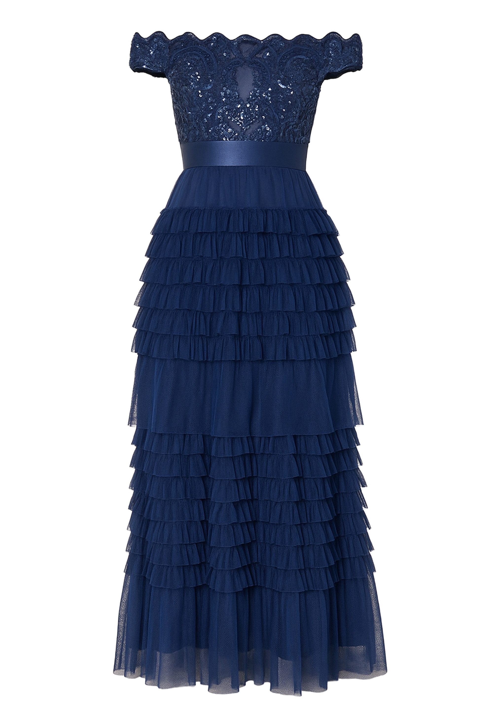 Goddiva Maxikleid Scallop Bardot Ruffle Mesh Maxi langes Kleid günstig online kaufen