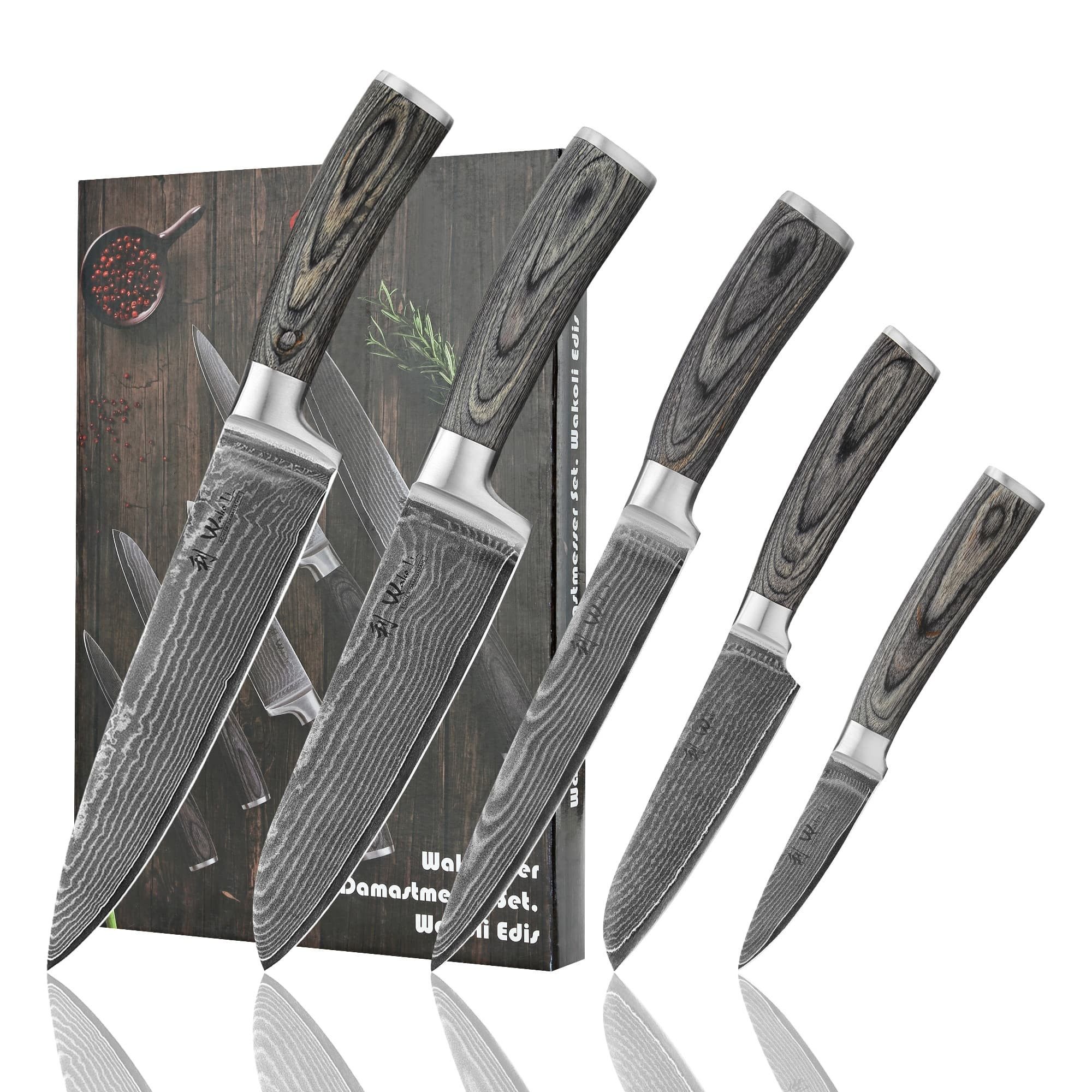 Wakoli Messer-Set EDIS 5er Damastmesser-Set I Kochmesser Küchenmesser I 8-20 cm Klingen (Damastmesser mit Geschenkbox, 5-tlg., 5er Damastmesser-Set), aus 67 Lagen Damaststahl, VG-10 Stahlkern