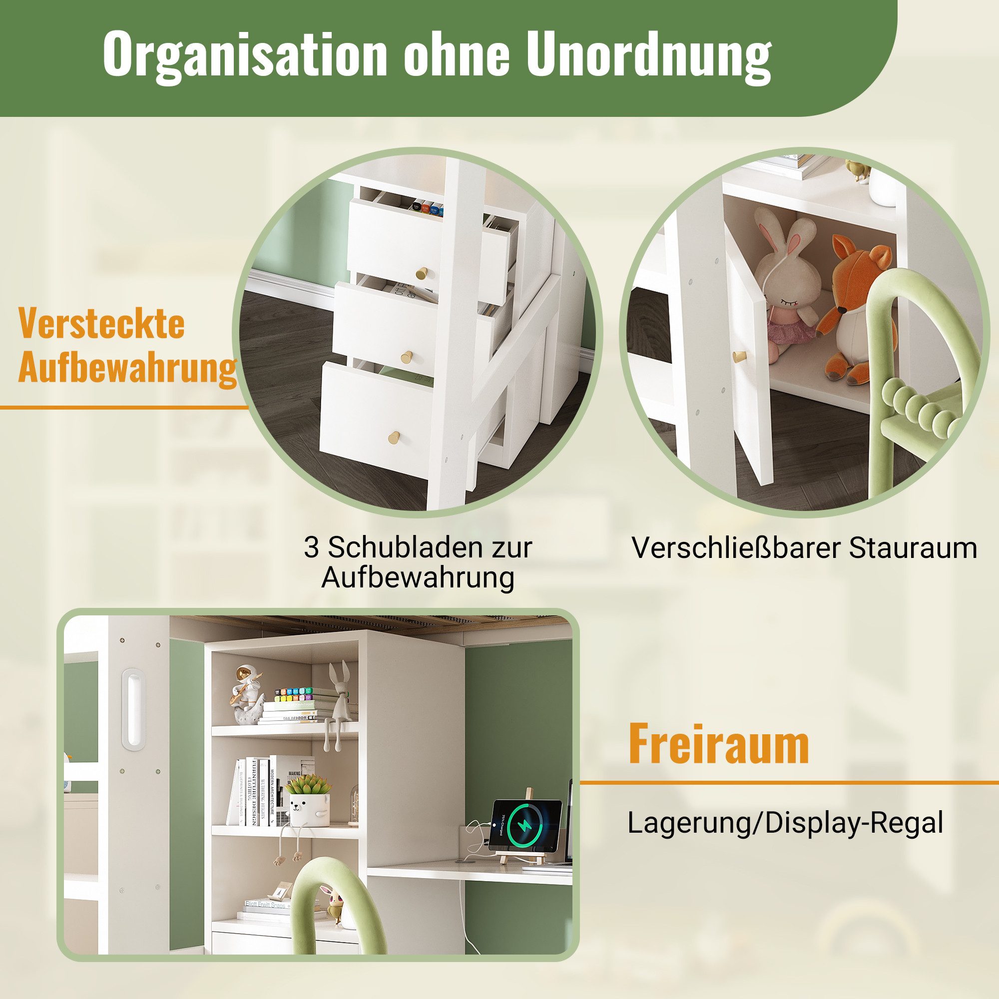 Merax Loft Bed (1-pc) Children's Bed 90x200 with Desk, Wardrobe & USB-C, Solid Wood