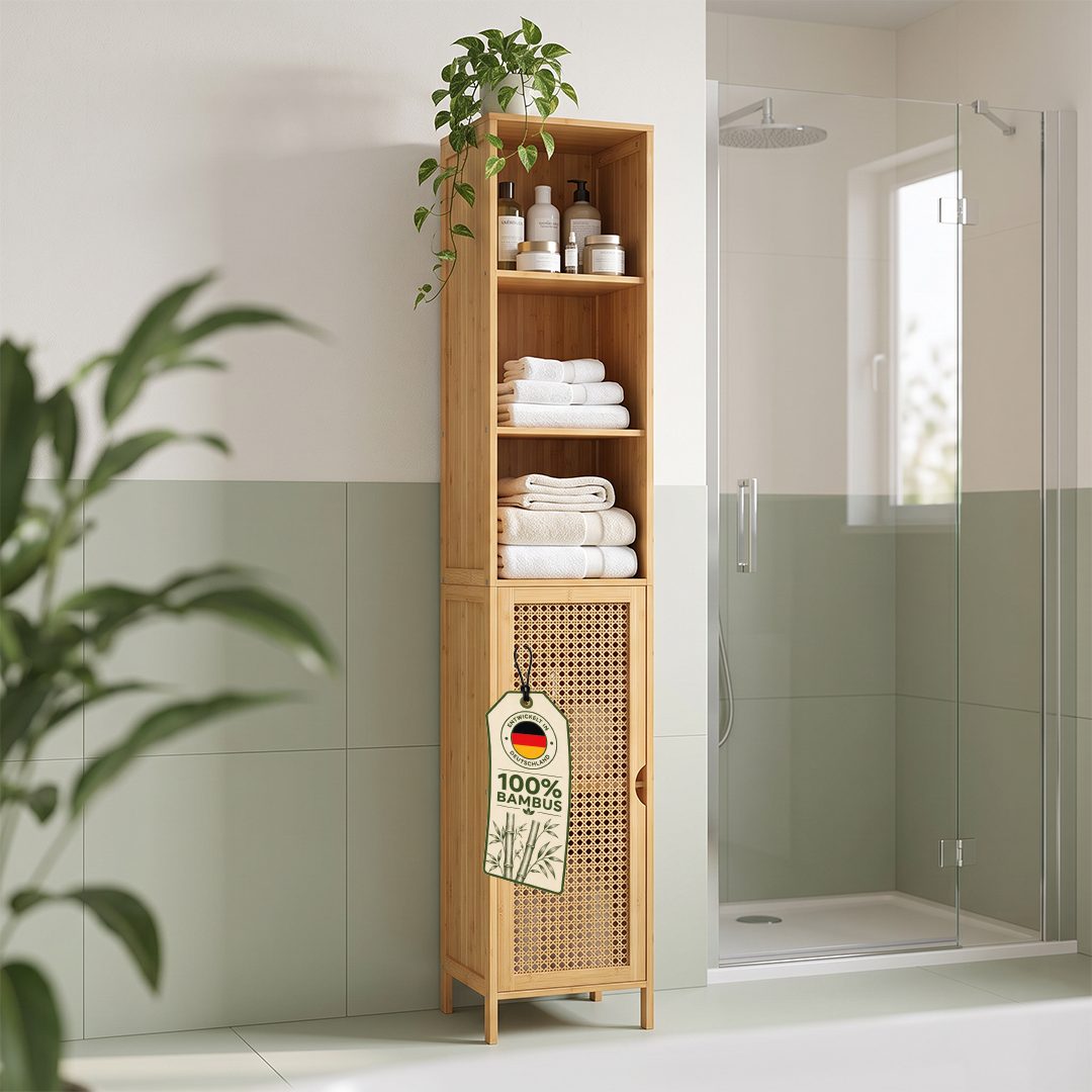 Bellamio Badregal Raba, Badschrank aus Bambus & Rattan, 30×29×170 cm, Hochschrank mit 5 Fächern & 1 Tür, robst und langlebig