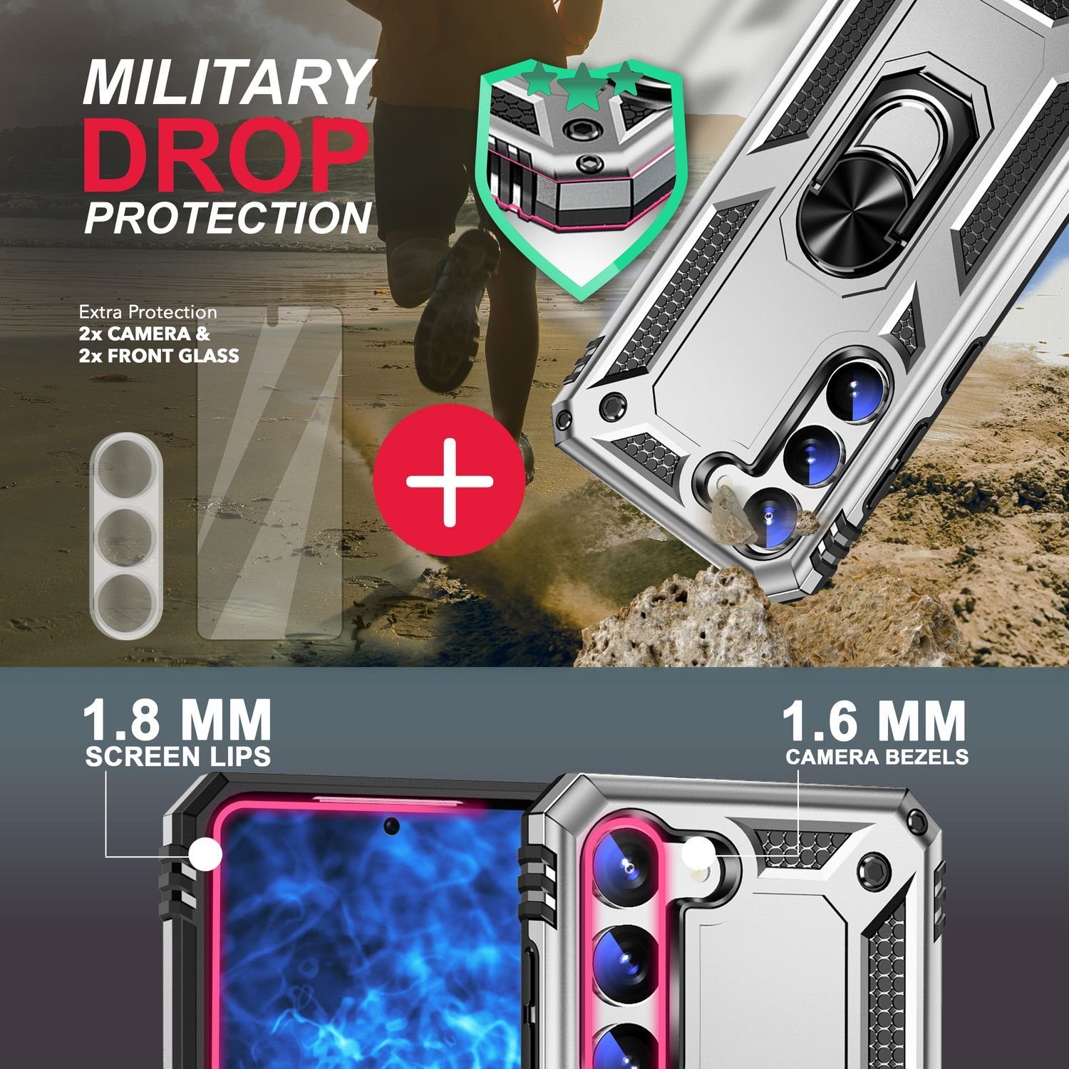 Nalia Smartphone-Hülle Samsung Galaxy S23 Plus 16,8 cm (6,6 Zoll), Military-Style Ring Hülle / 2x Display- & Kameraschutz / Extrem Robust