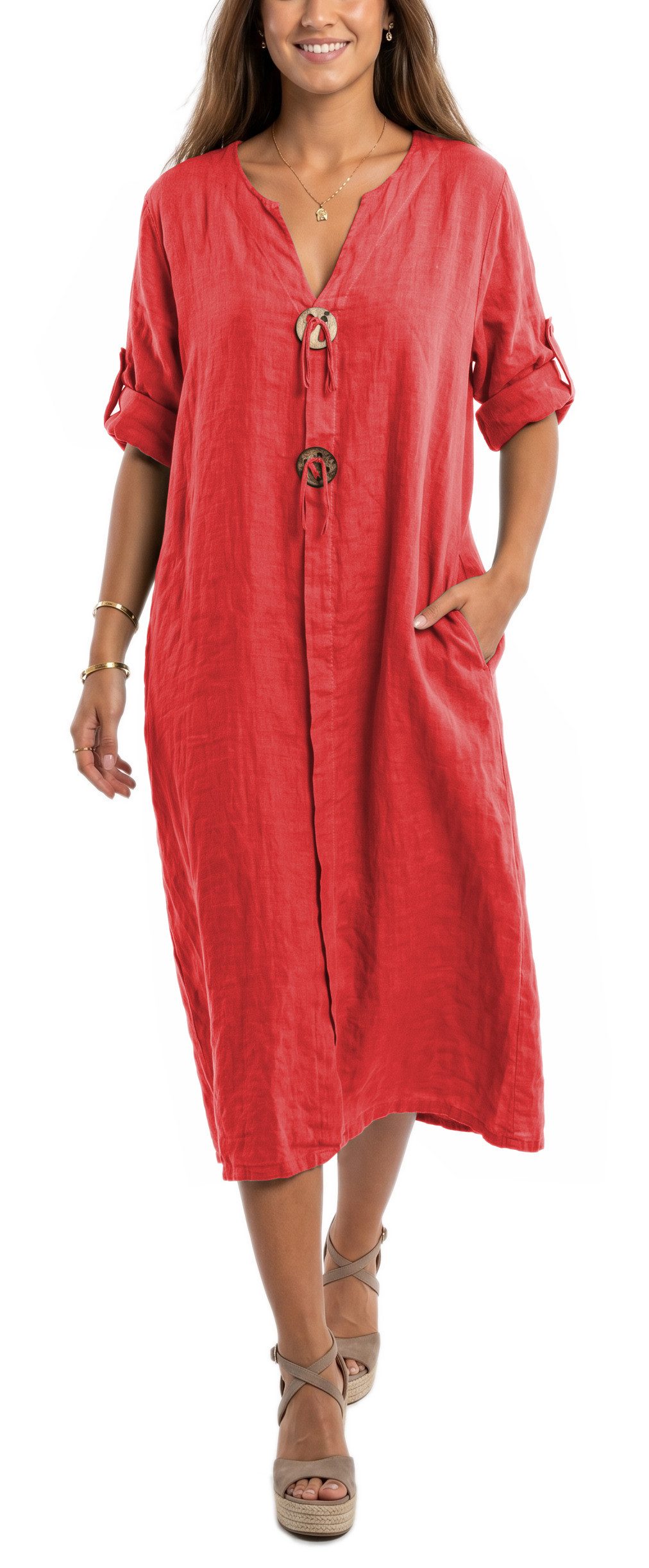 dy_mode Hemdblusenkleid Damen Leinenkleid Midi Hemdblusenkleid mit V-Ausschnitt Freizeitkleid in Unifarbe, V-Ausschnitt, mit seitlichen Eingriffstaschen