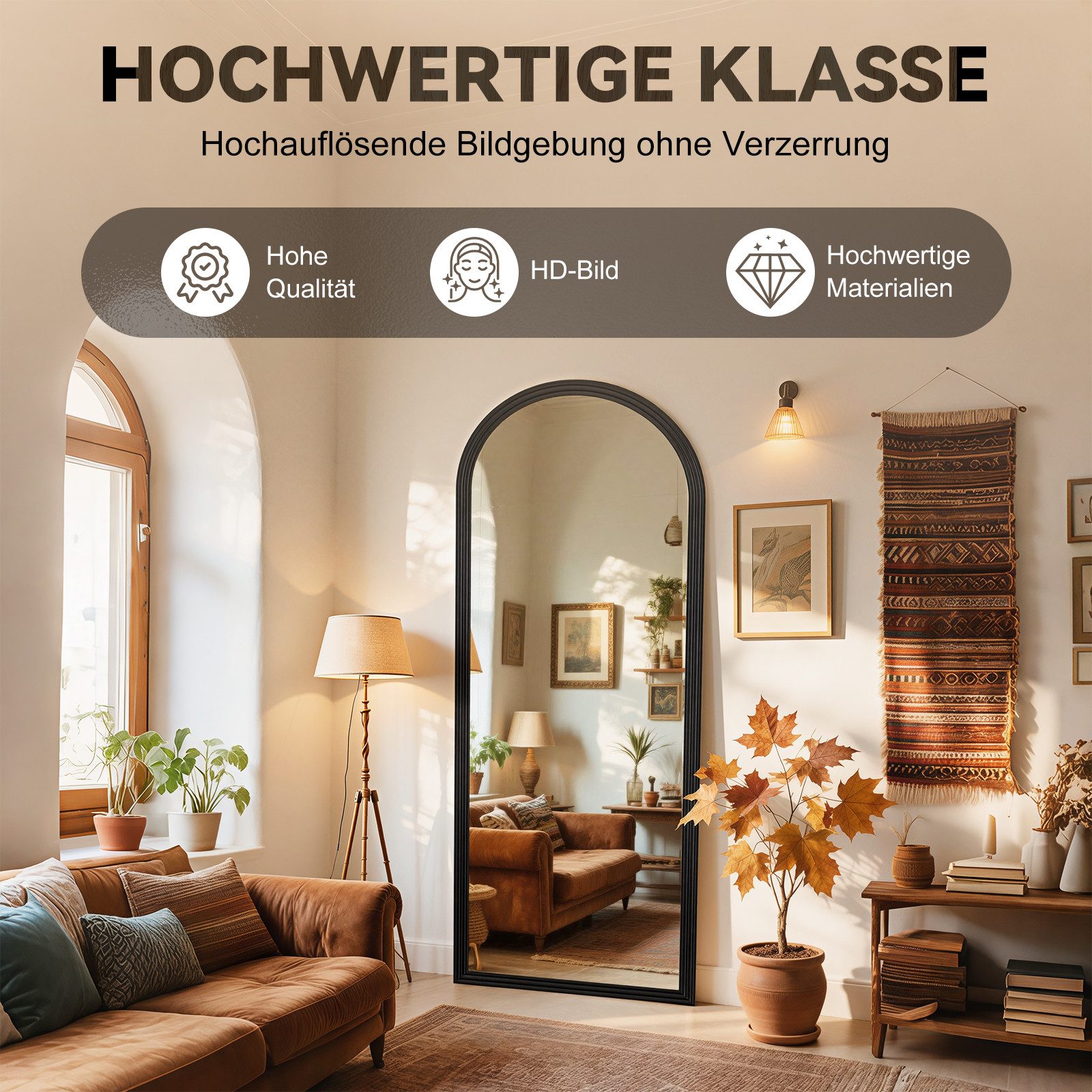 BBWL Ganzkörperspiegel 160 x 50 cm, Großer Standspiegel, mit stabilem Standfuß, Holzrahmen in Bogenform,HD Spiegelglas, stabiler Rahmen