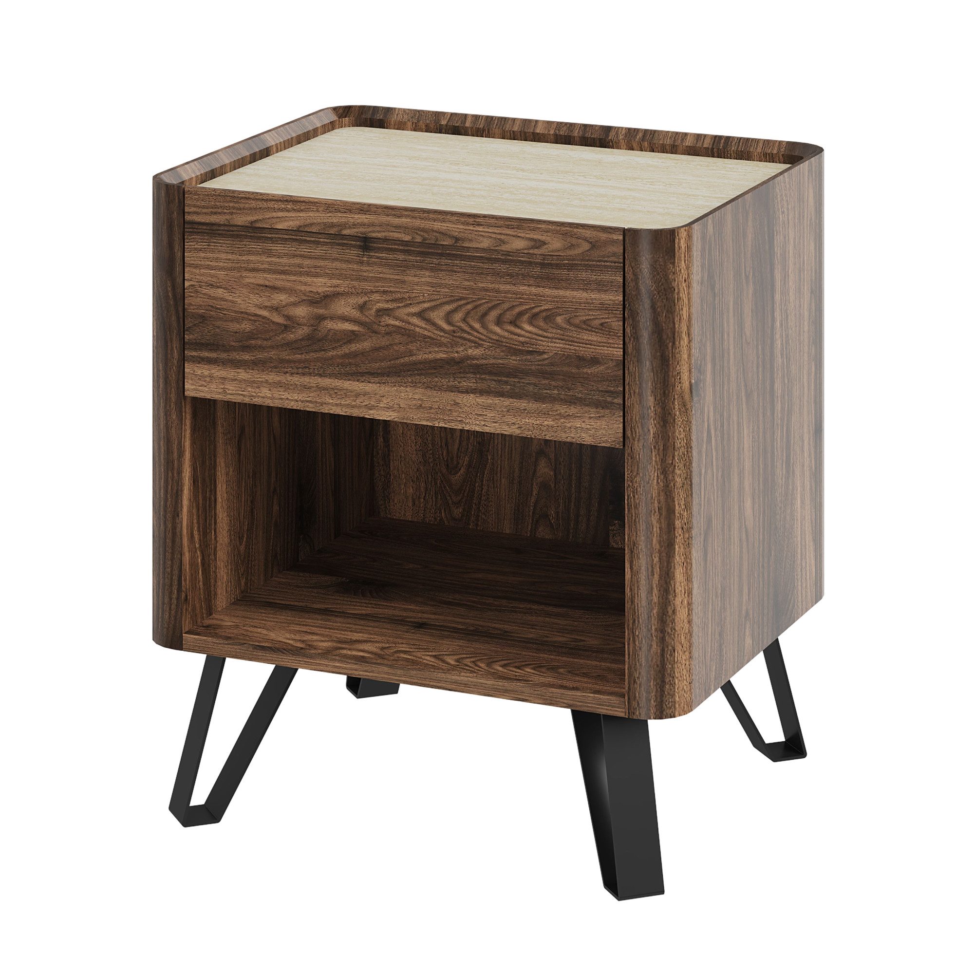 en.casa Nachtschrank »Trorlon« mit Schublade 55 x 50 x 40 cm Walnussoptik / Travertin