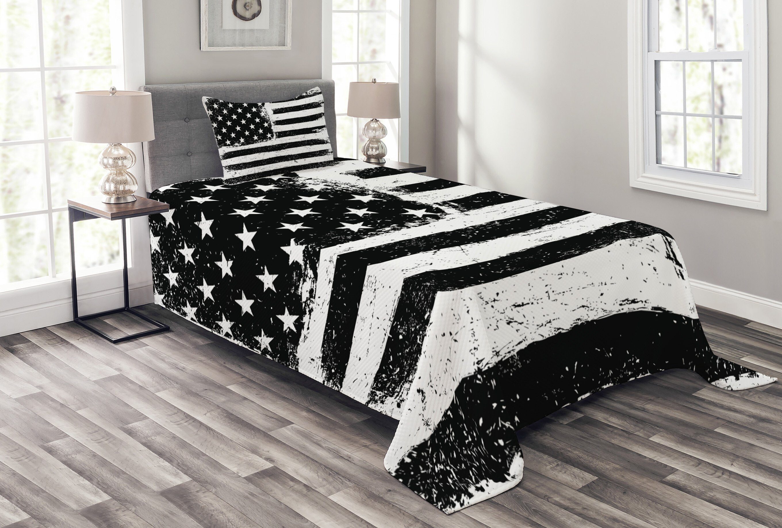 Tagesdecke Set mit Kissenbezügen Waschbar, Abakuhaus, Vereinigte Staaten Schwarzweiss-Flagge