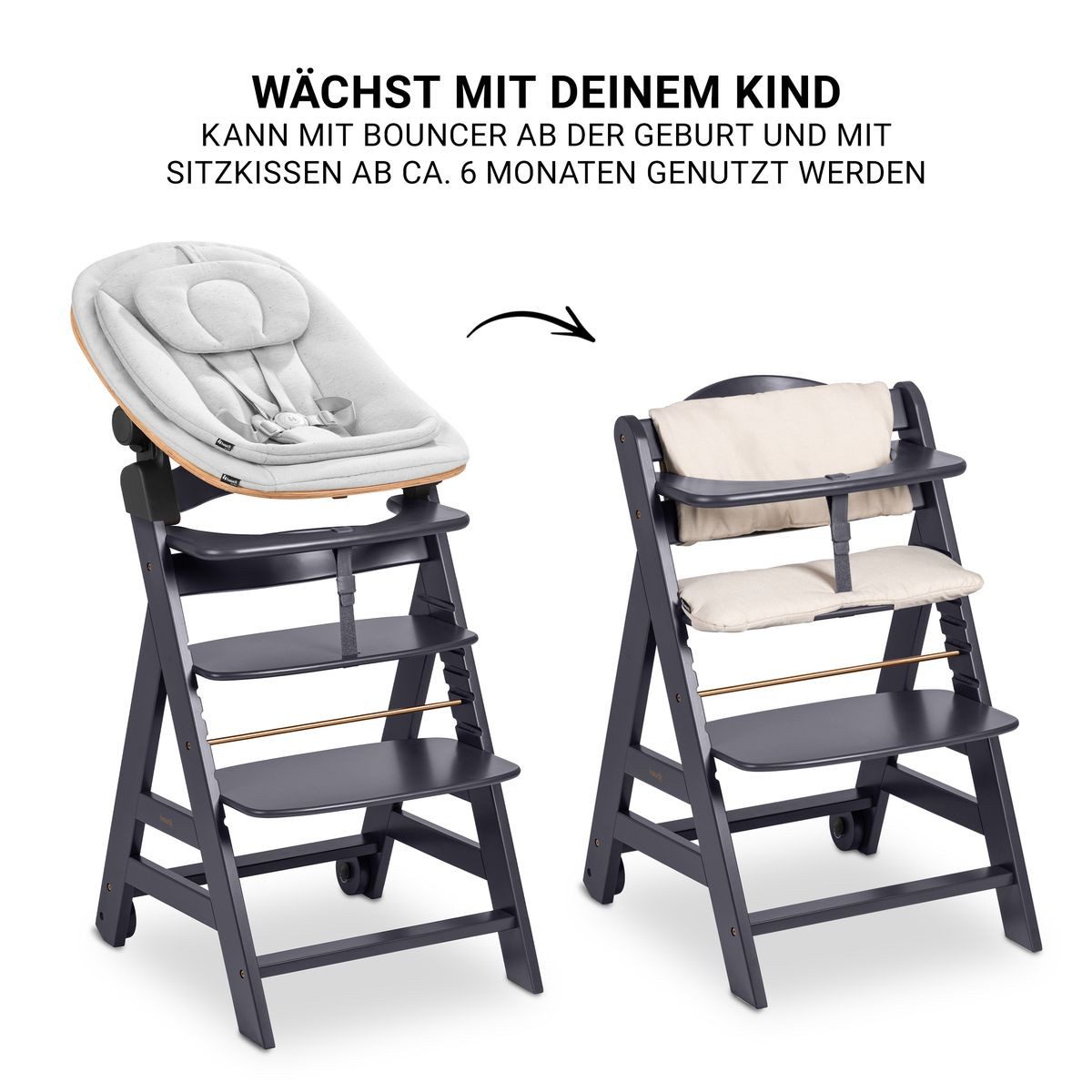 Hauck Hochstuhl Beta Plus Dark Grey Newbornset Eco - Light Grey (Set), Holz Babystuhl ab Geburt mit Neugeborenensufsatz, Sitzkissen, Essbrett – Bild 4 von 5