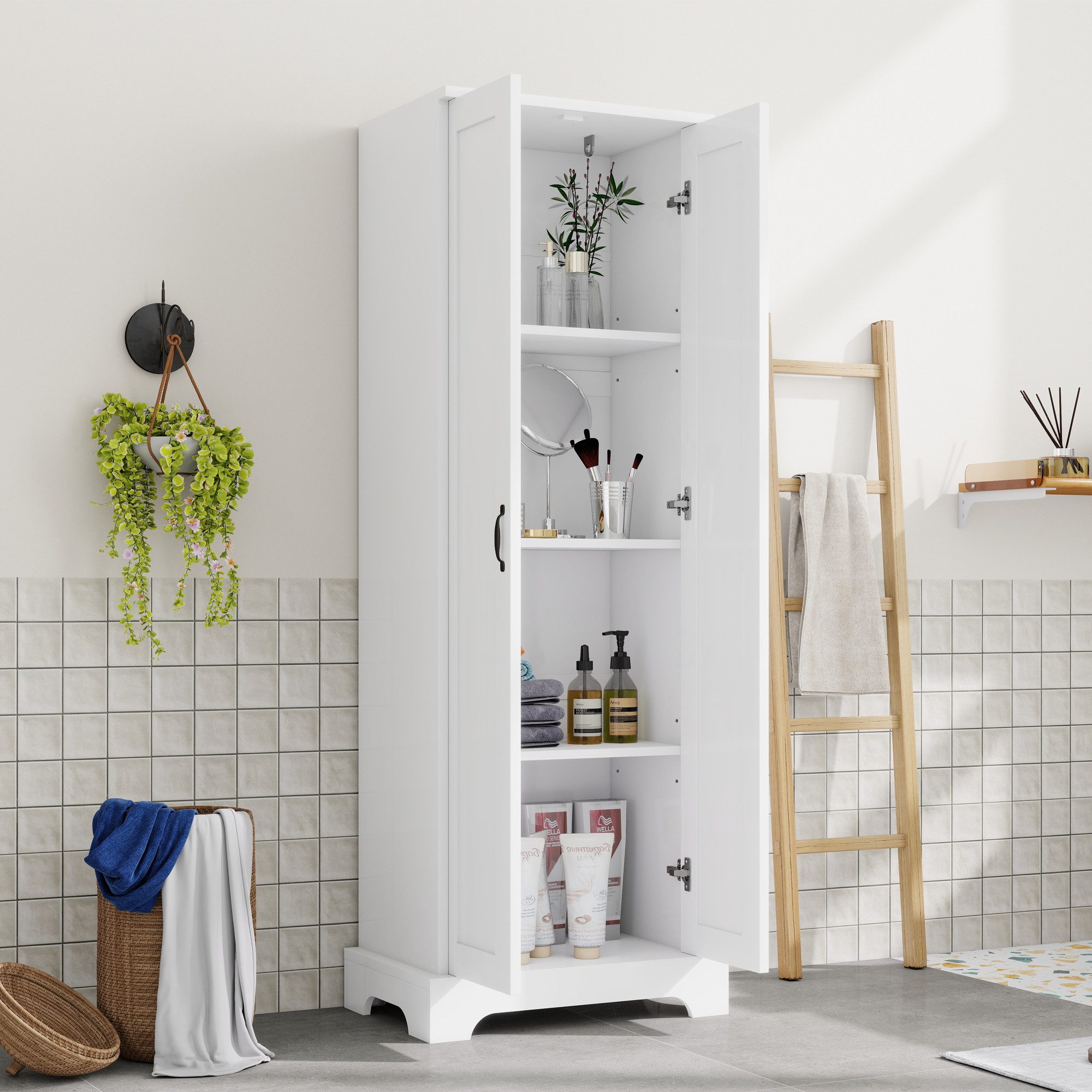 Flieks Badkommode Badezimmerschrank mit feuchtigkeitsbeständiger Lackierung (mit Doppeltüren und Soft-Close-Funktion, 1 St., 56x40x170 cm), Hochschrank mit 4 Ablageflächen und verstellbaren Einlegeböden Weiß