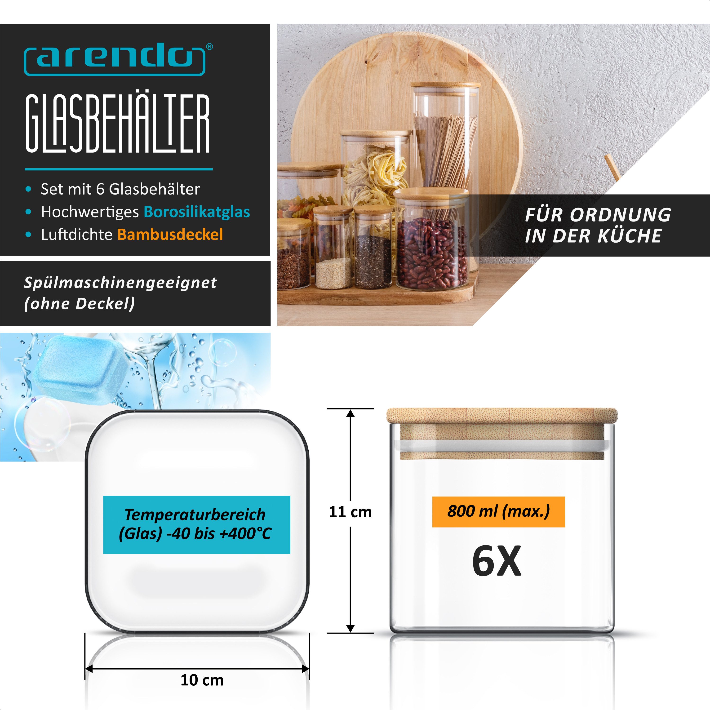 Arendo Aufbewahrungsbecher Glasbehälter-Set 6x 0,8 L Borosilikatglas mit Bambusdeckel, luftdicht, Borosilikatglas; Bambus; Silikon, (Vorratsbehälter-Set, 6-tlg., 6er Set), Hitzebeständig, umweltfreundlich, langlebig, mikrowellengeeignet