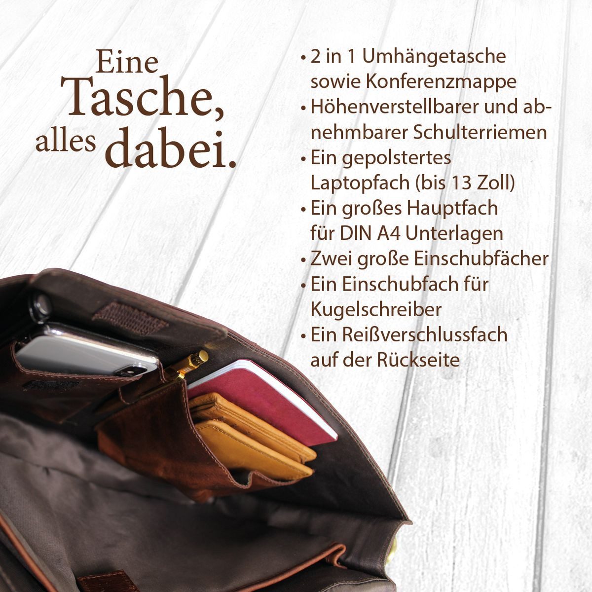 Corno d´Oro Umhängetasche Handmade Schultertasche für Damen Herren Leder Laptoptasche 13-14 Zoll, Handgefertigte MacBook Tasche Echt Leder Klein Braun für DIN A – Bild 4 von 5