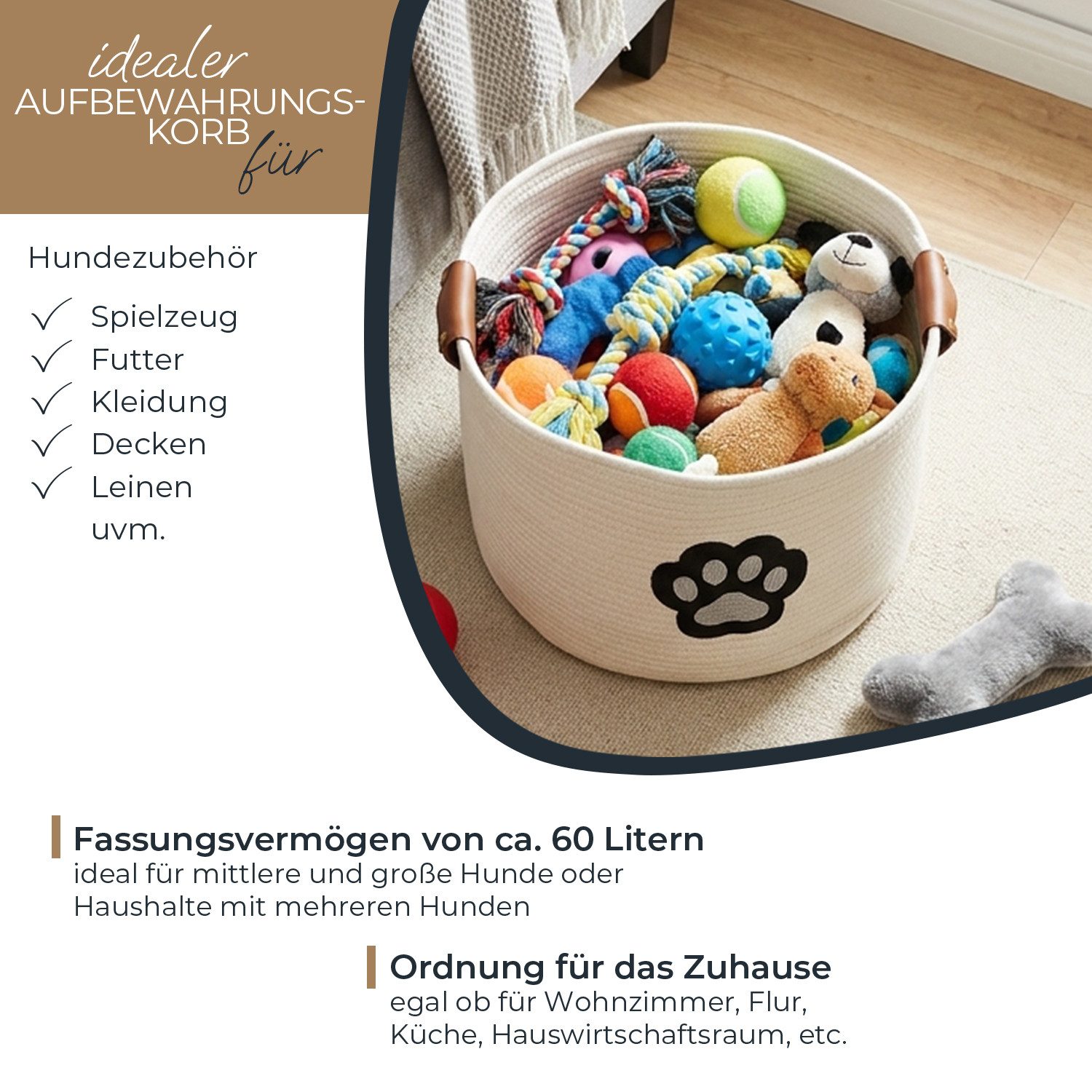 HMF Aufbewahrungskorb Aufbewahrungskorb für Hundezubehör, runder Korb aus, Baumwolle mit Kunstledergriffen, Hundepfoten-Motiv, 45 x 30 cm, Beige