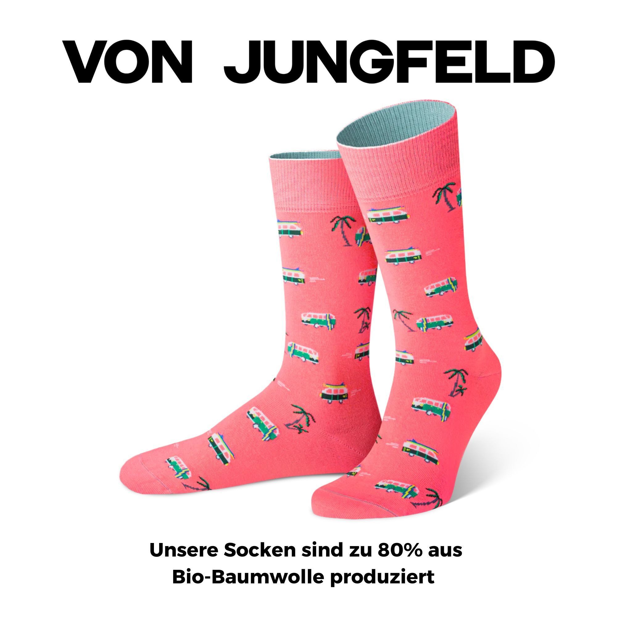 von Jungfeld Socken Ibiza Palmen Icon Baumwoll-Mischung 35-46 Unisex (1-Paar, 1 Paar) Motivsocken aus Bio-Baumwolle