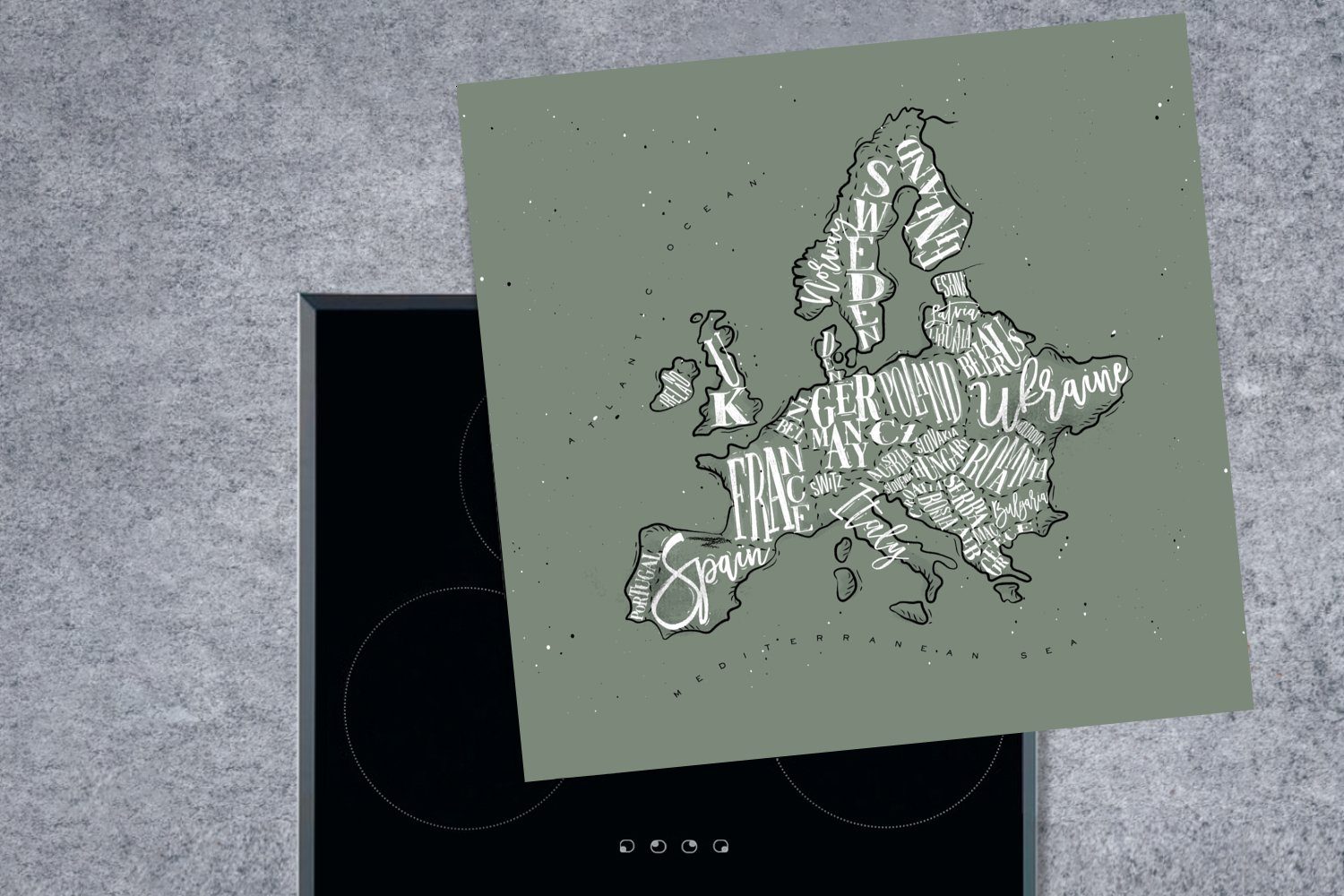 Europa Buchstaben, Ceranfeldabdeckung, für Vinyl, MuchoWow küche Herdblende-/Abdeckplatte cm, Grau - tlg), - Arbeitsplatte 78x78 - Karte (1