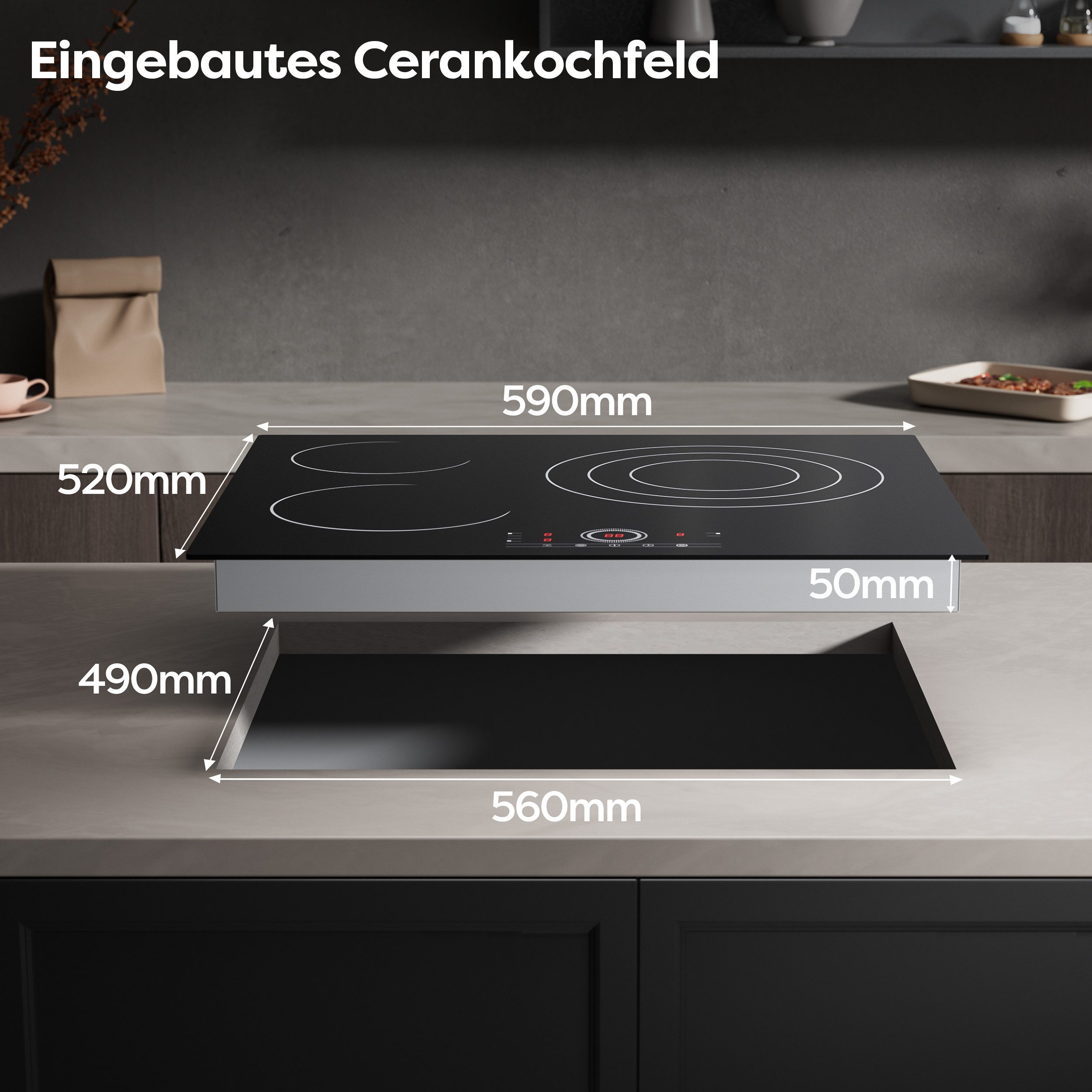 CDV Elektro-Kochfeld 59 cm Einbau Cerankochfeld CDVER573, Touch Control Einbau 3 Zonen Ceran-Kochfeld 9 Stufen mit Timer 5700 W