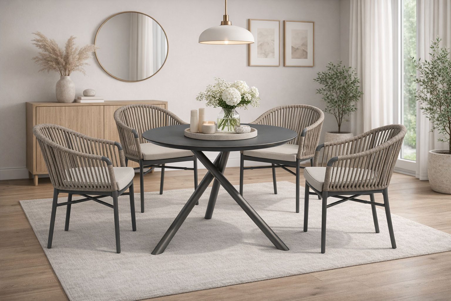 Destiny Garten-Essgruppe TORNO BARLETTA 4 Se + Tisch Ø110cm, grau/anthr., (Set, 5-tlg., 4 Stapelsessel inkl. Sitzkissen, 1 Tisch), Aluminium Rope, HPL – Bild 4 von 5