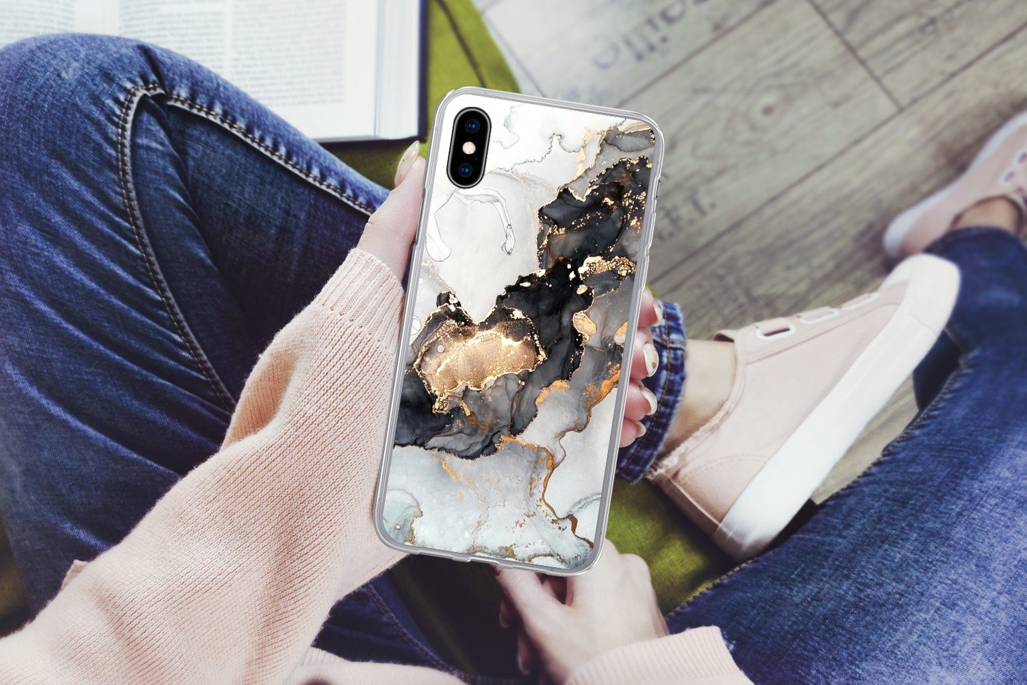 MuchoWow Handyhülle für Apple iPhone X Marmor - Schwarz - Weiß - Gold - Luxus - Abstrakt, Smartphone-Bumper, Print, Handy Schutzhülle Dünn