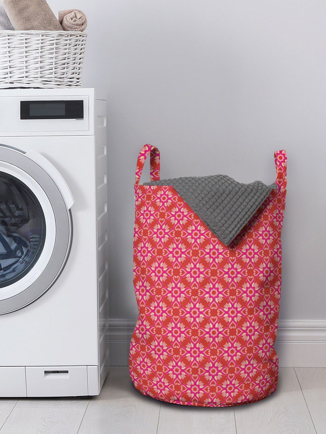Abakuhaus Wäschesäckchen Wäschekorb abstrakte Rosa Griffen mit für Retro Kordelzugverschluss Blumen Waschsalons, Damast