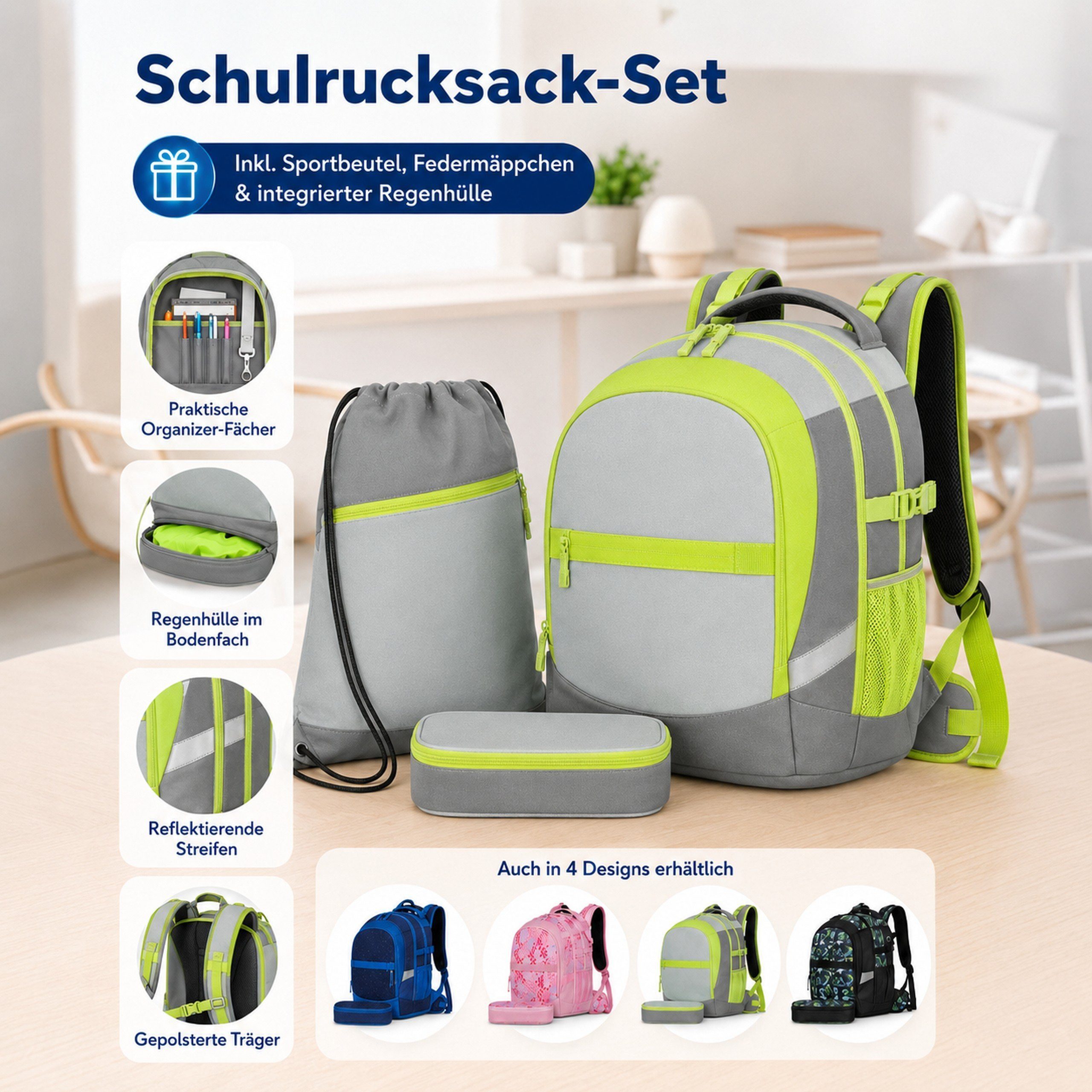 kamelshopping Schulrucksack Kinder Schulrucksack mit Federmappe & Sportbeutel Gepolsterter Rücken, Zum Schulbeginn, inkl. Regenhülle