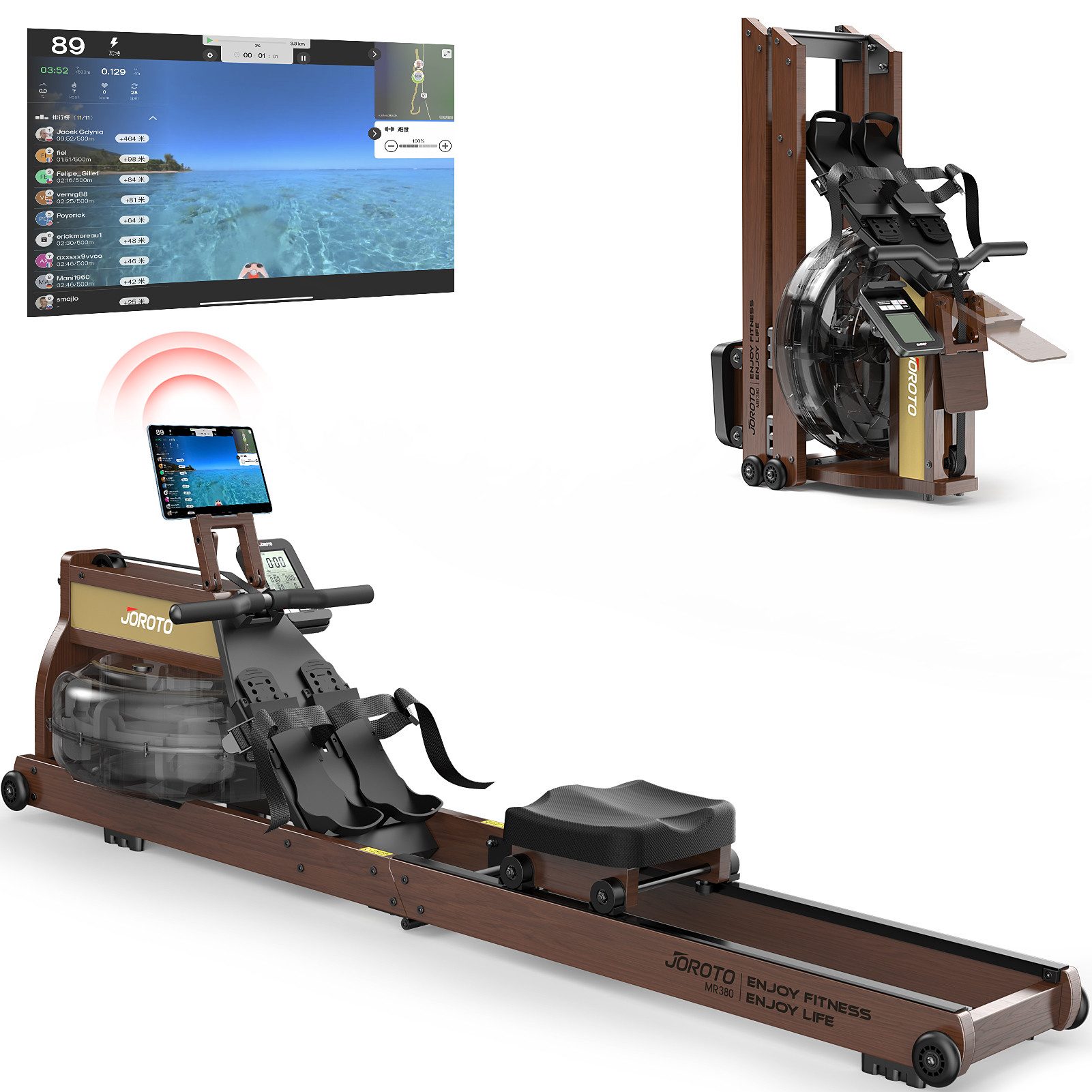 JOROTO Rudergerät für Zuhause Wasserrudergerät aus Holz, aus Eiche, Klappbares Rudergerät mit Bluetooth Monitor