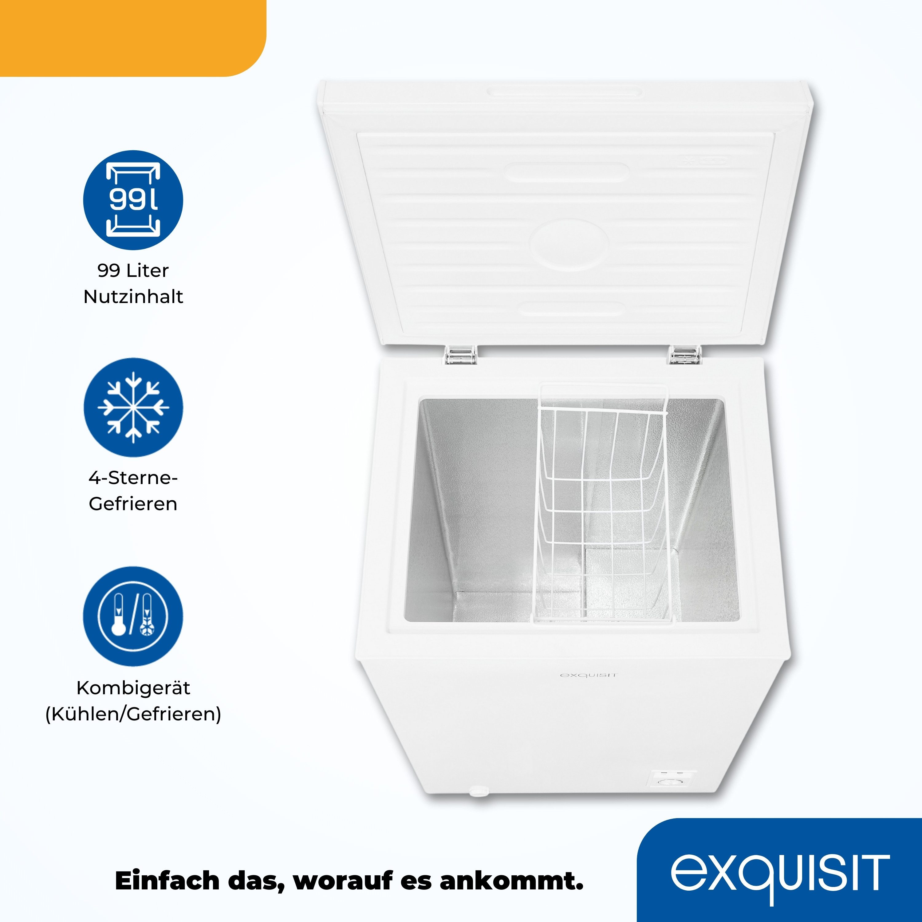 exquisit Gefriertruhe GT100-050E weiss, 54,5 cm breit, 99 l, 4*-Gefriertruhe mit ergonomischer Griffmulde – bequem zu öffnen – Bild 5 von 5