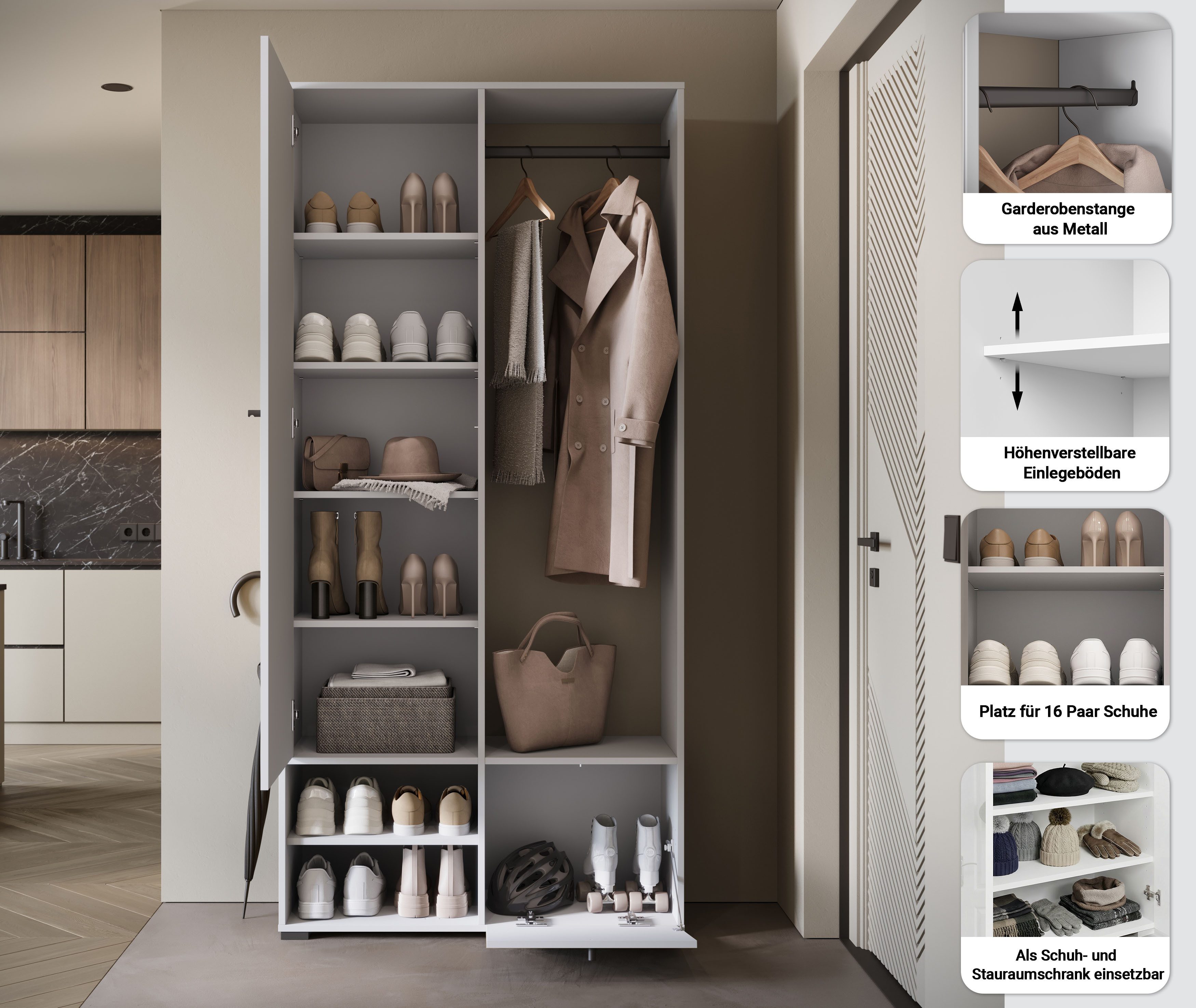 Home affaire Garderobenschrank DINO Kompaktgarderobe, Garderoben-Set DINO Mit Spiegel und Kleiderstange, 90 cm breit, Türanschlag wechselbar – Bild 3 von 5