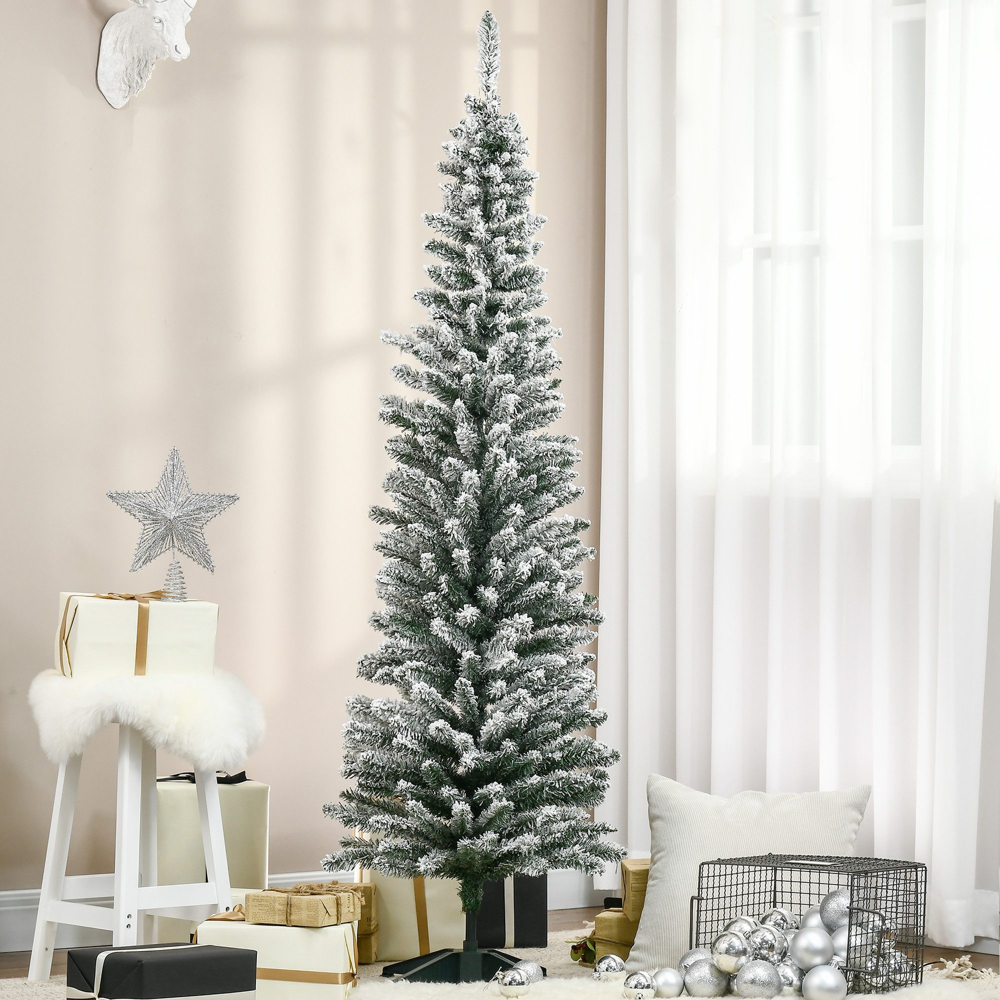 HOMCOM Künstlicher Weihnachtsbaum Tannenbaum künstlich mit Kunstschnee, 570 Spitzen Christbaum, Tanne, für Weihnachtsfest, Indoor, grün+weiß