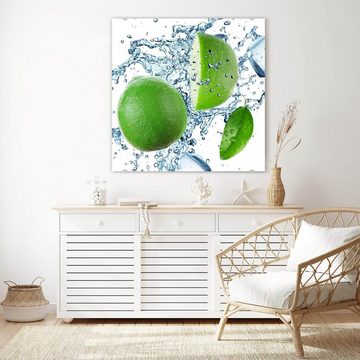 Primedeco Glasbild Wandbild Quadratisch Limetten auf Eis mit Aufhängung, Früchte