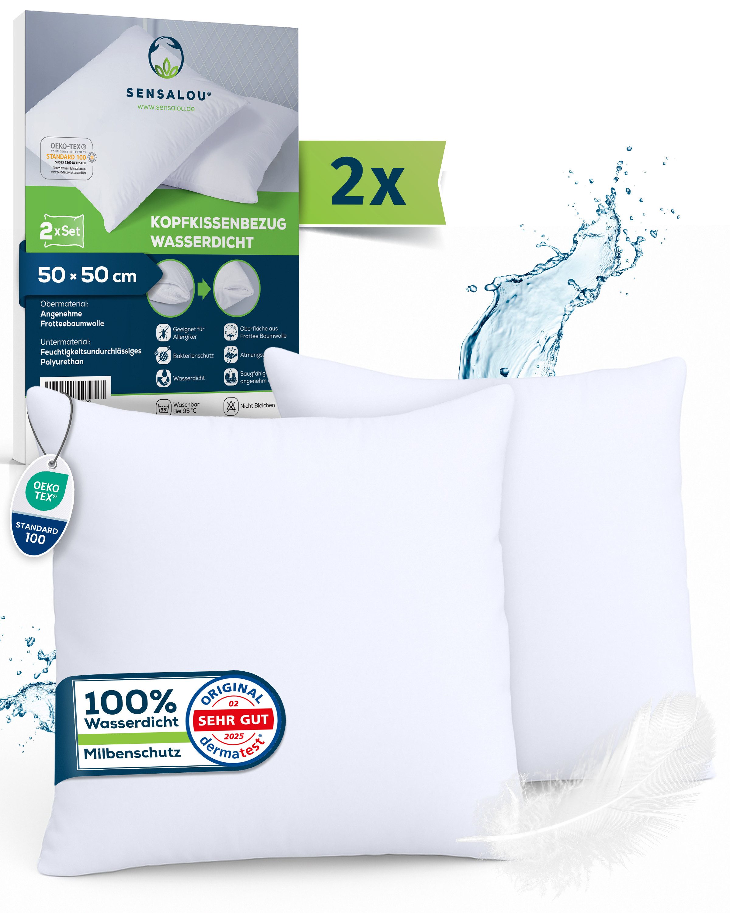 Sensalou Kissenbezug Kissenbezug wasserdicht Doppelpack - Kopfkissen Bezüge, (2 Stück), Milbendicht, Geräuscharm, Waschbar