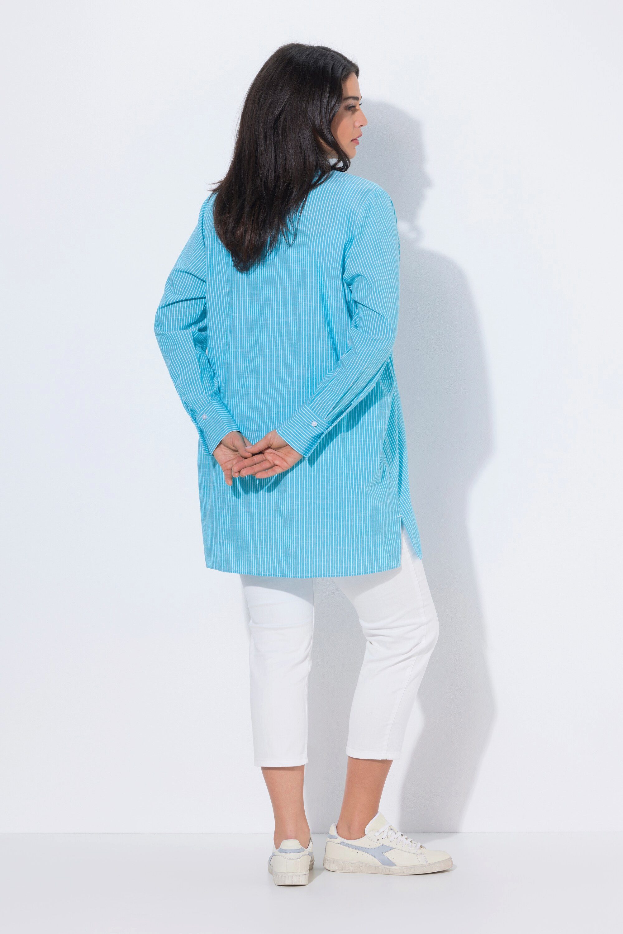 Ulla Popken Longbluse Longbluse Streifen A-Linie Hemdkragen Langarm
