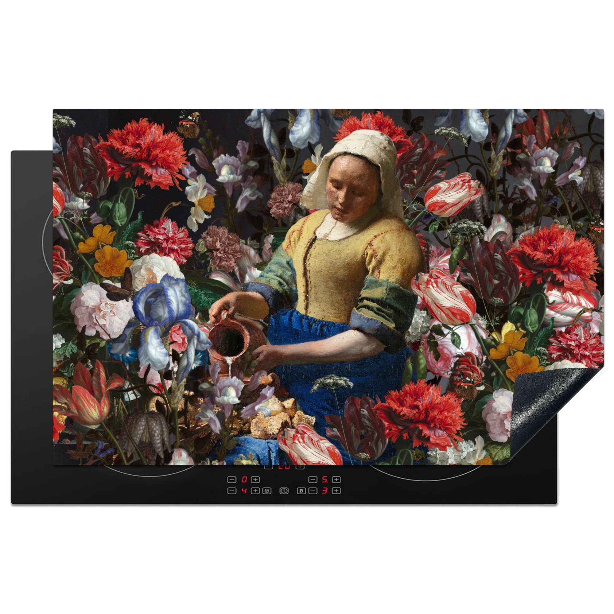 MuchoWow Herdblende-/Abdeckplatte Milchmädchen - Johannes Vermeer - Blumen - Farben, Vinyl, (1 tlg), 81x52 cm, Induktionskochfeld Schutz für die küche, Ceranfeldabdeckung