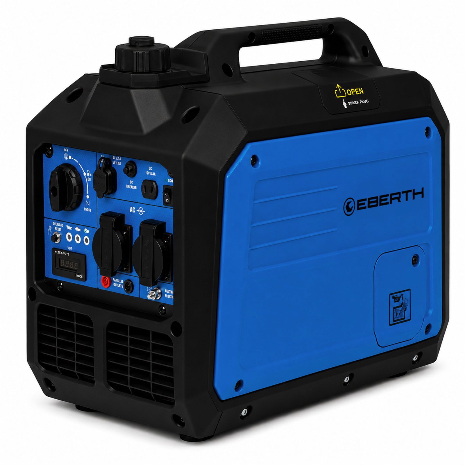 EBERTH Stromerzeuger 3500 Watt Inverter Stromerzeuger leise, Notstromaggregat Benzinmotor, 4-Takt, Stromgenerator 2x 230V Schuko, 12V und USB Anschluss