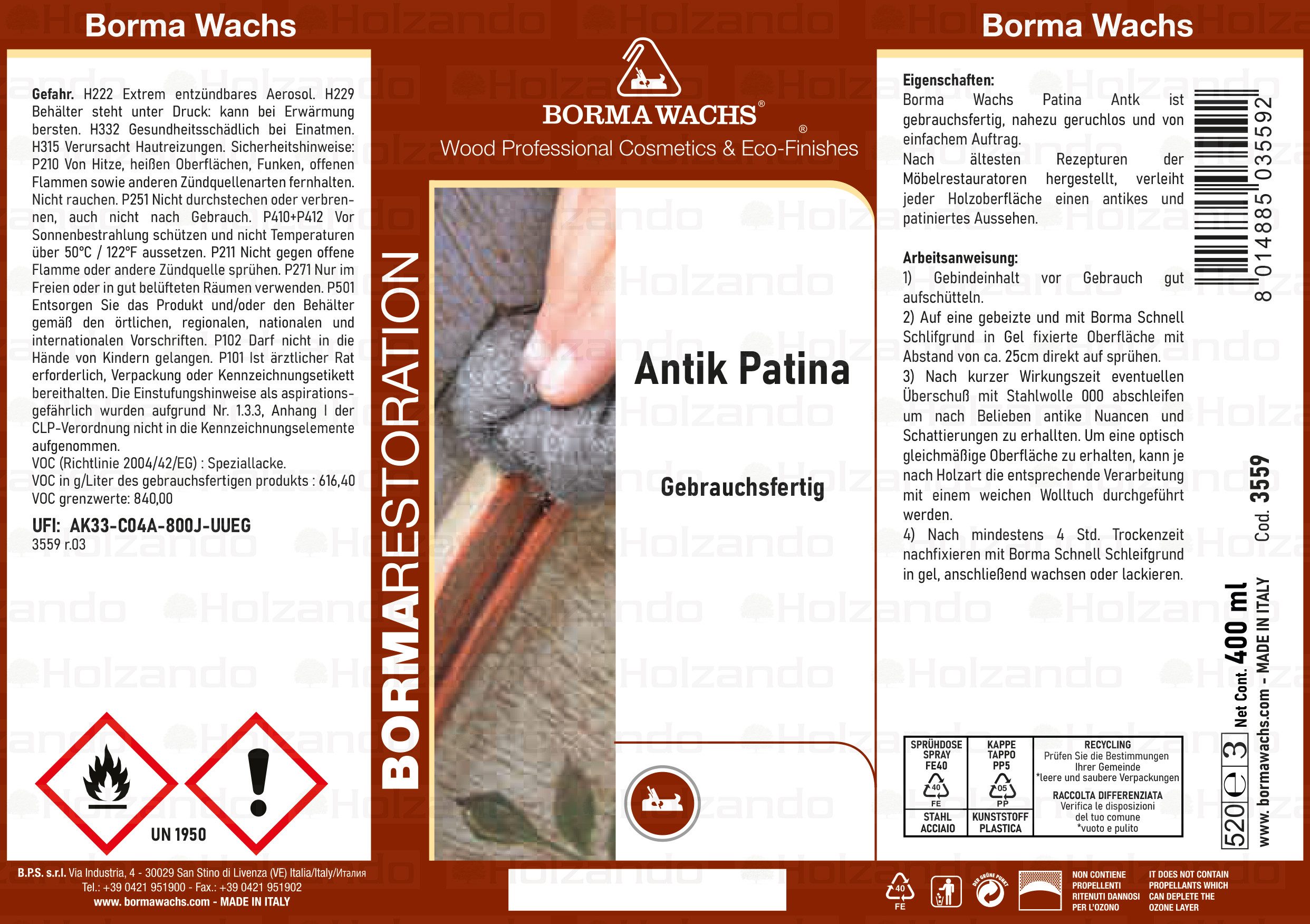 BORMA Holzbeize Antik Patina Holzbeize 400ml Spray, Verleiht neuem Holz einen authentischen, antiken Charakter.